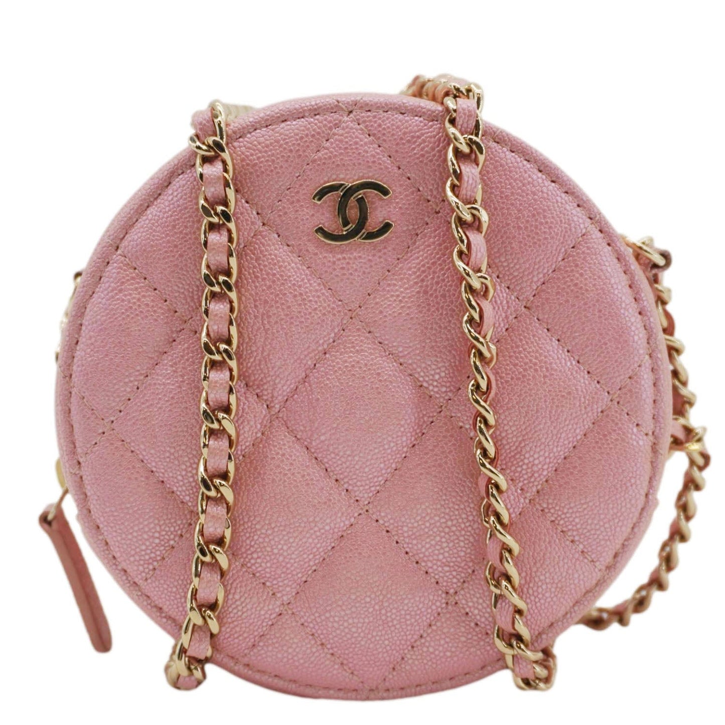 Chanel Round Quilted Iridescent Caviar Leather Clutch Crossbody Bag Pink