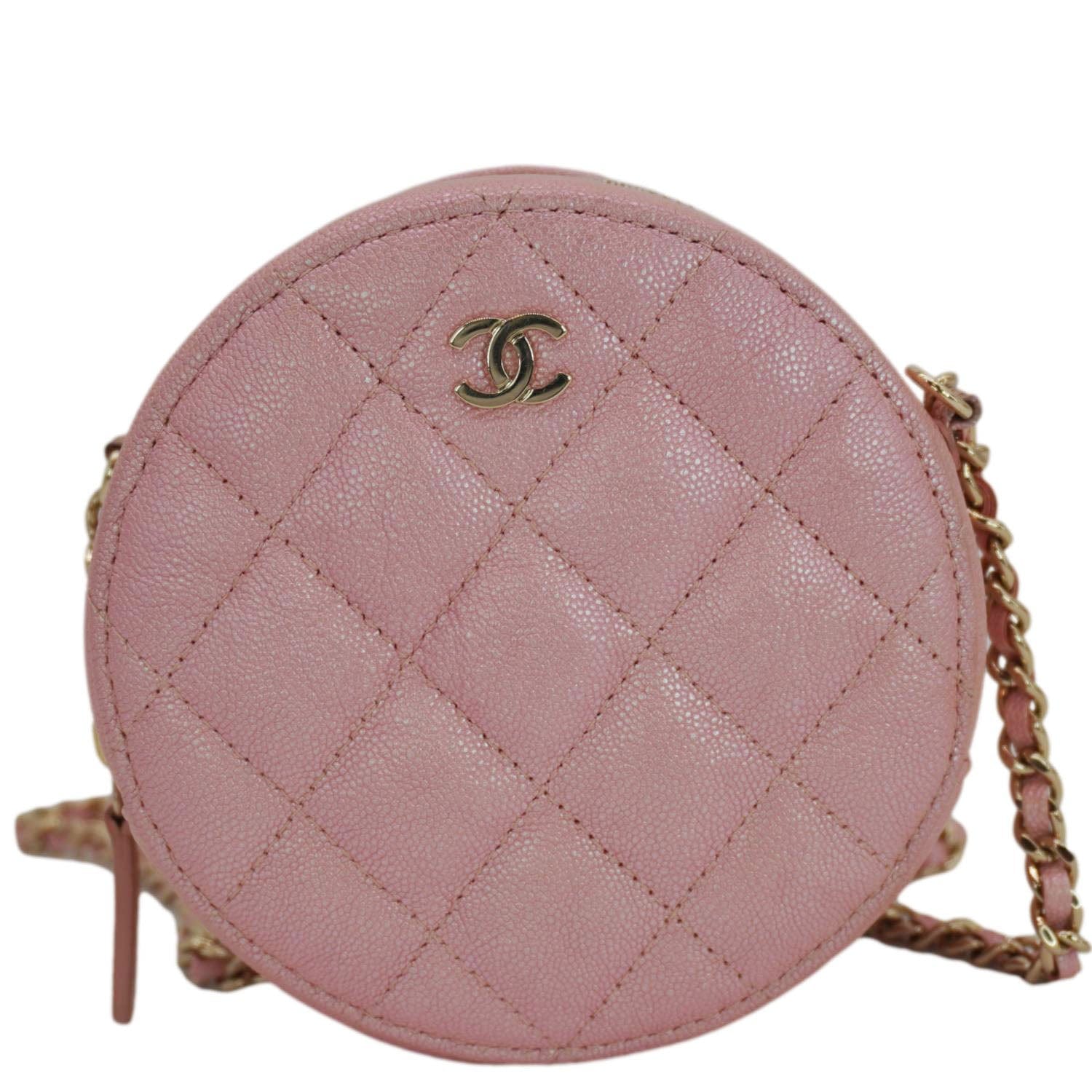 Chanel Round Quilted Iridescent Caviar Leather Clutch Crossbody Bag Pink
