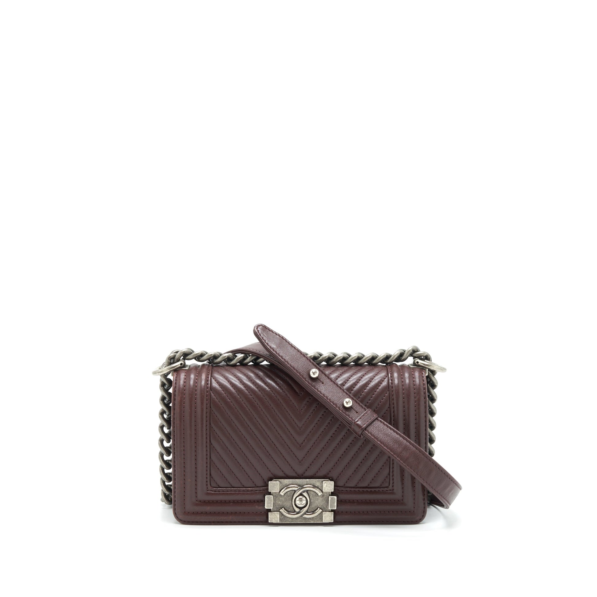 Chanel Chevron Boy Lambskin Burgundy Ruthenium Hardware Small Handbag