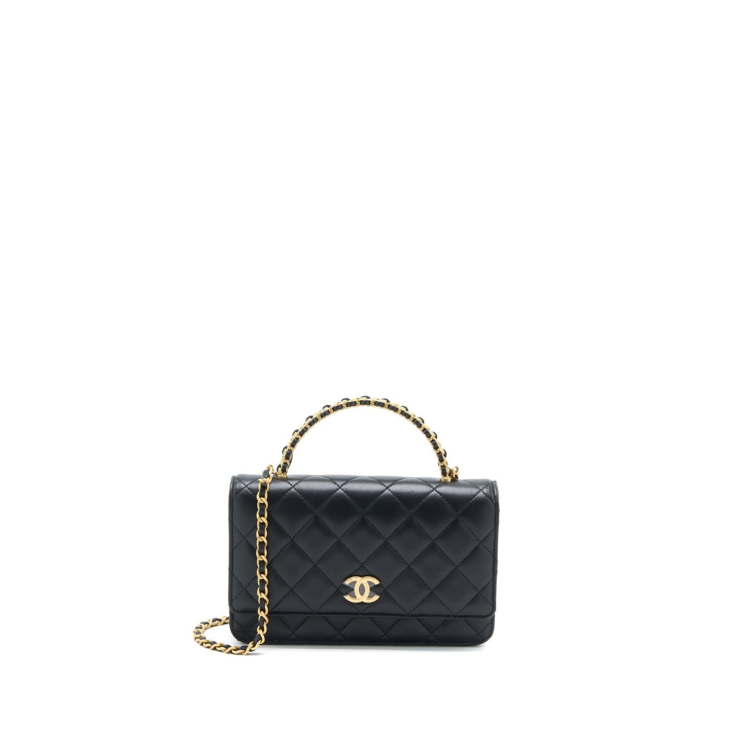 Chanel Detailed Top Handle on Lambskin GHW Black Wallet Case