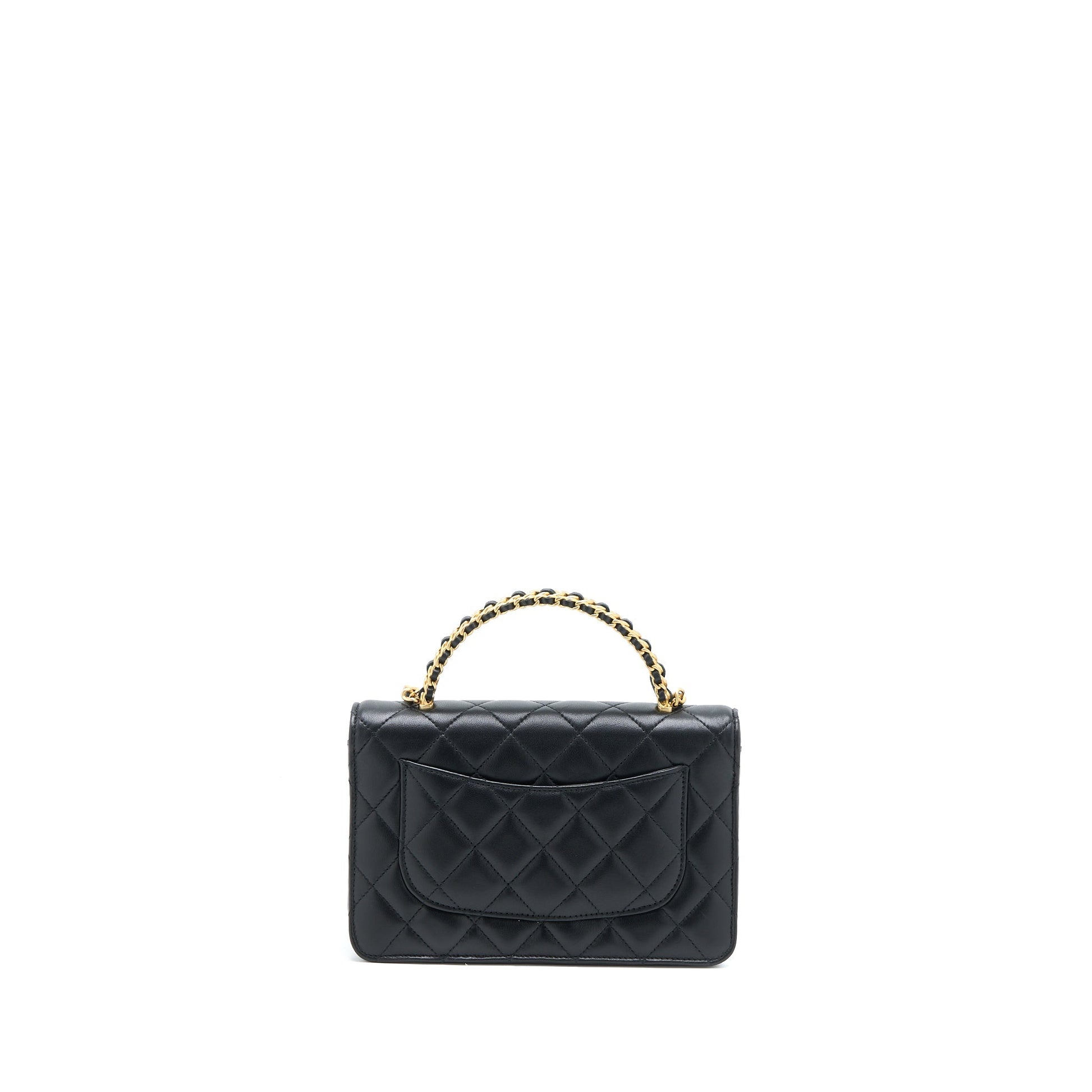 Chanel Detailed Top Handle on Lambskin GHW Black Wallet Case
