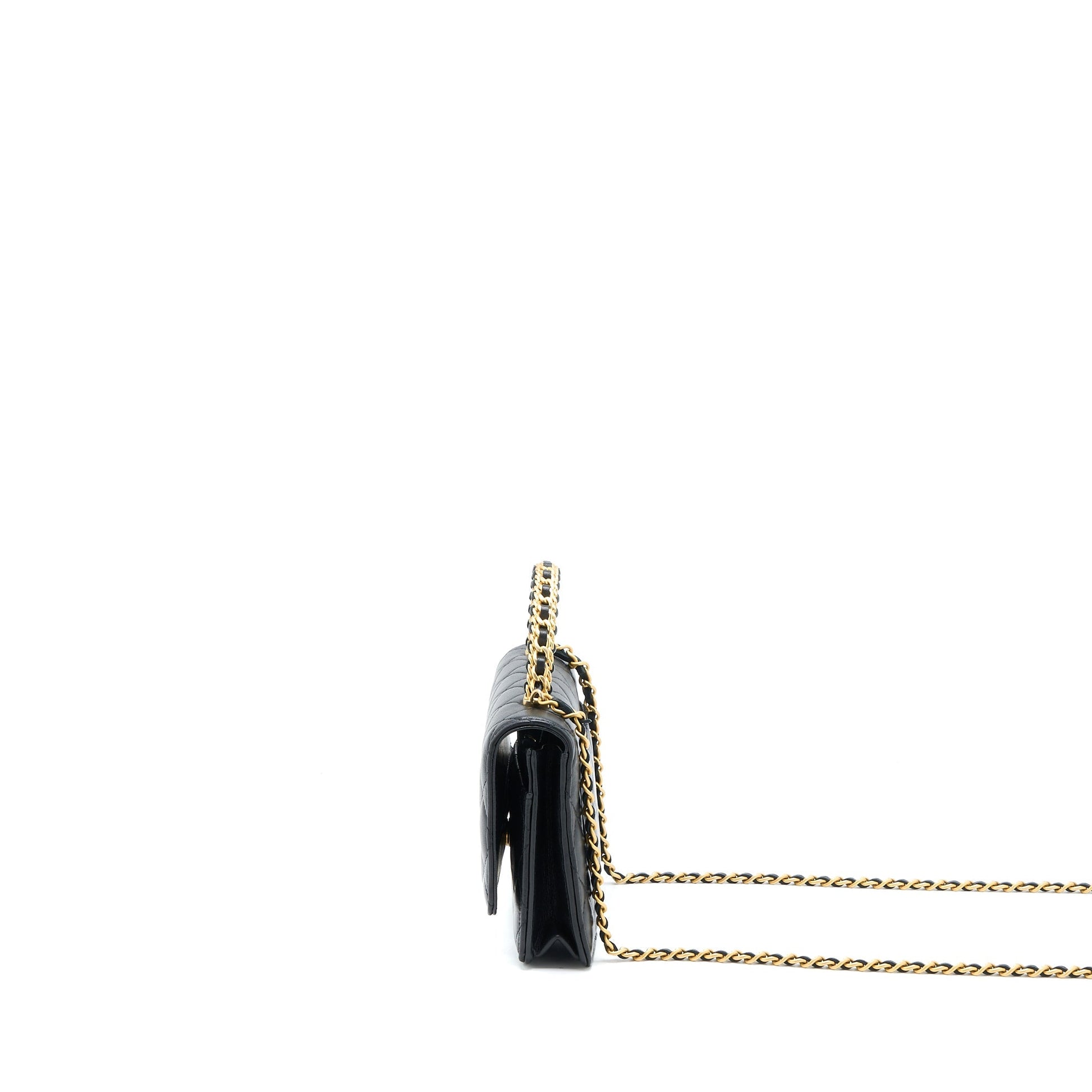 Chanel Detailed Top Handle on Lambskin GHW Black Wallet Case