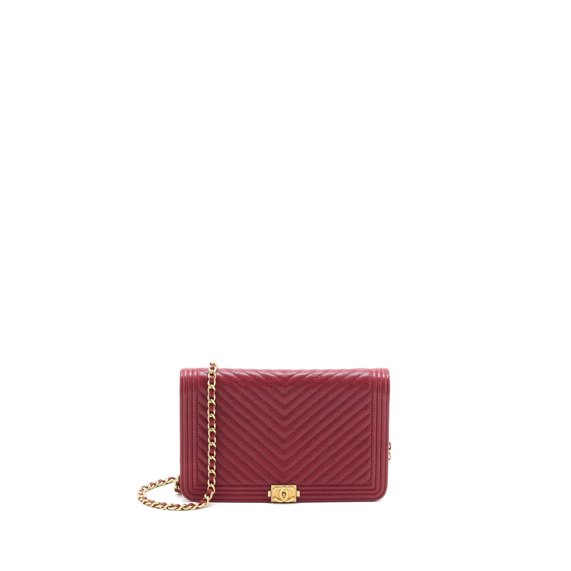 Chanel Boy On Chevron Caviar Brushed GHW Red Wallet Case