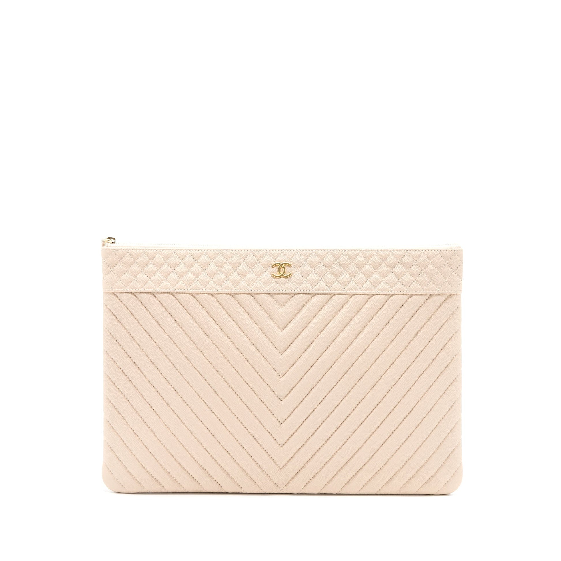 Chanel Chevron Caviar GHW Beige Clutch Bag