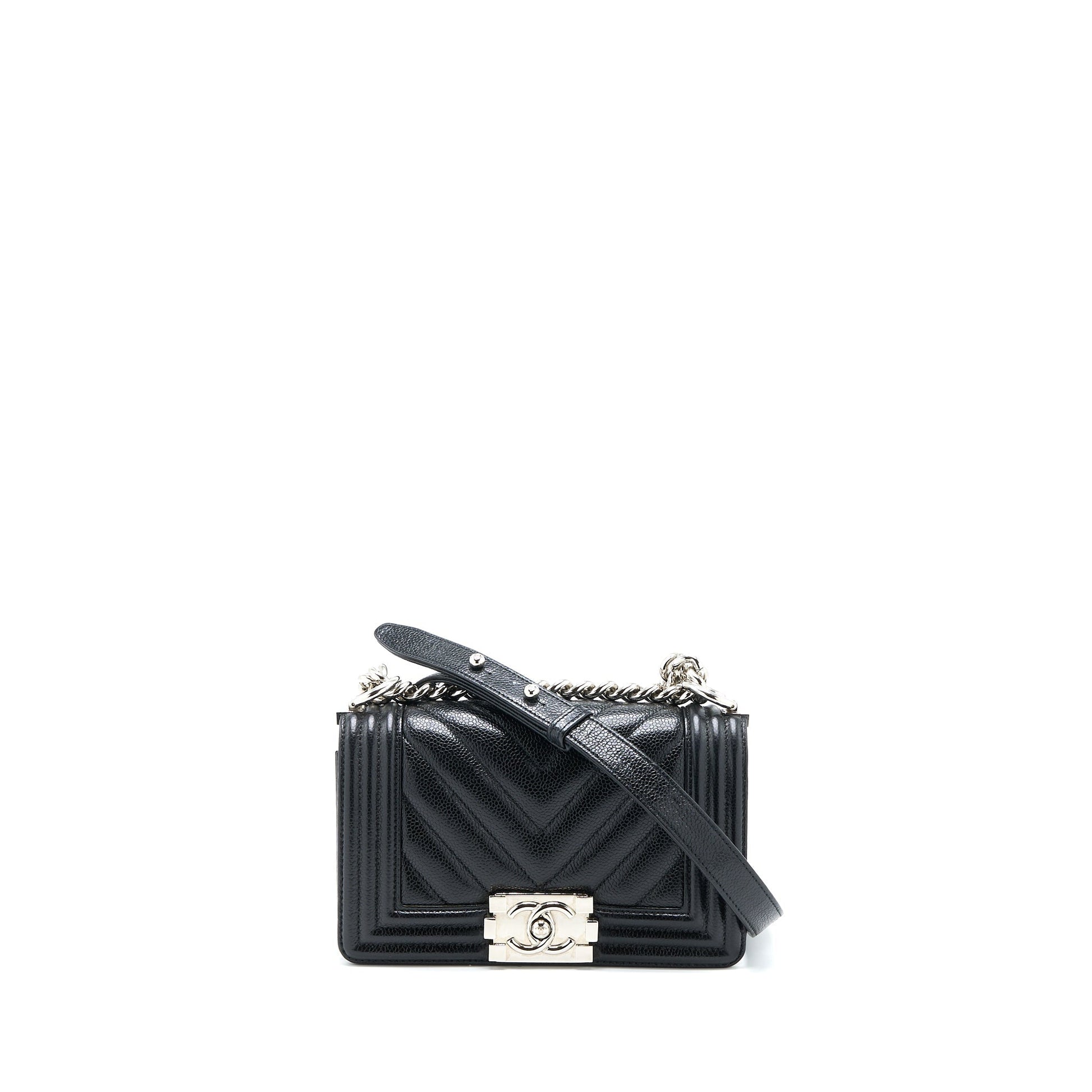 Chanel Chevron Boy Shiny Grained Calfskin SHW Black Small Handbag
