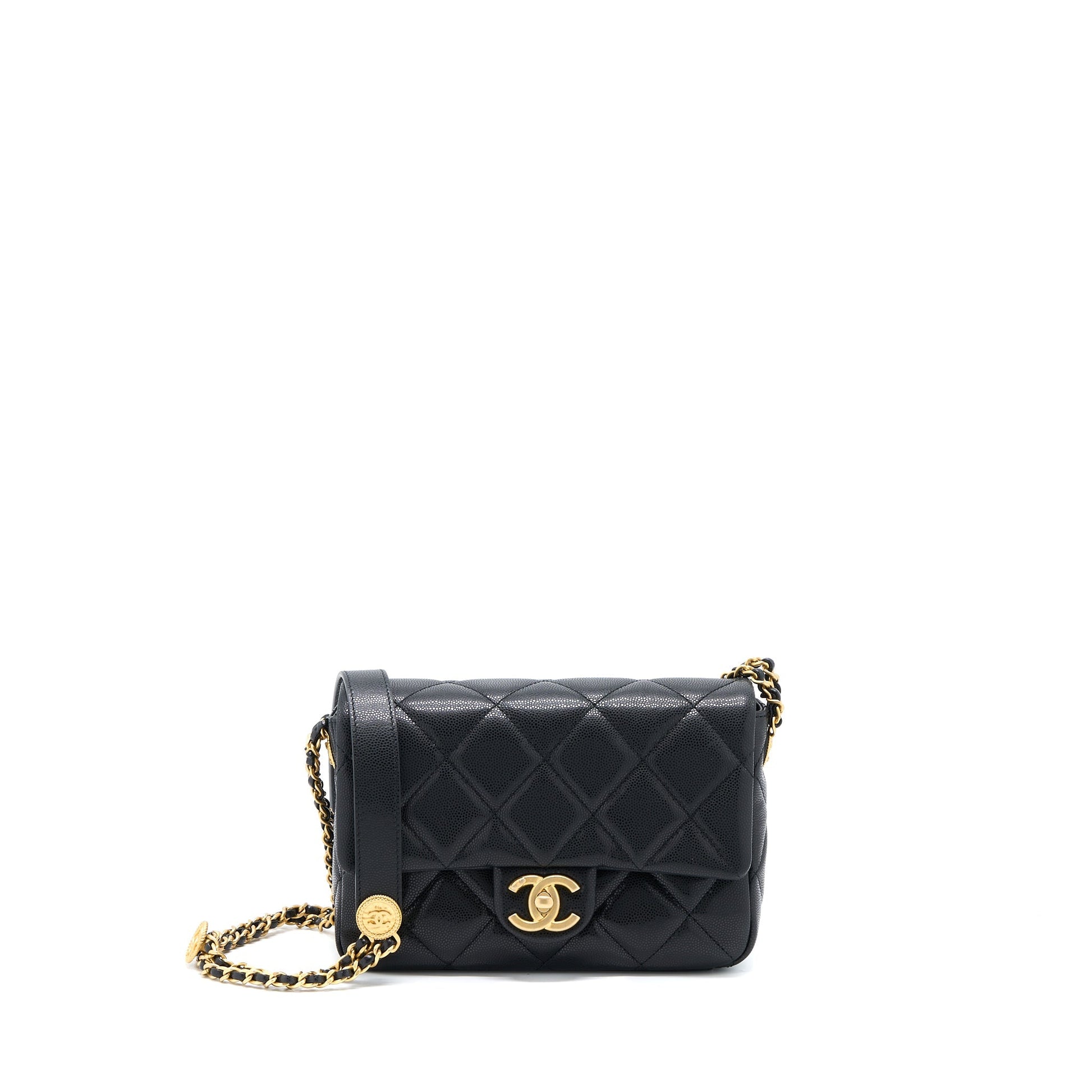 Chanel 22A Flap Grained Shiny Calfskin Brushed Black Small Shoulder Bag