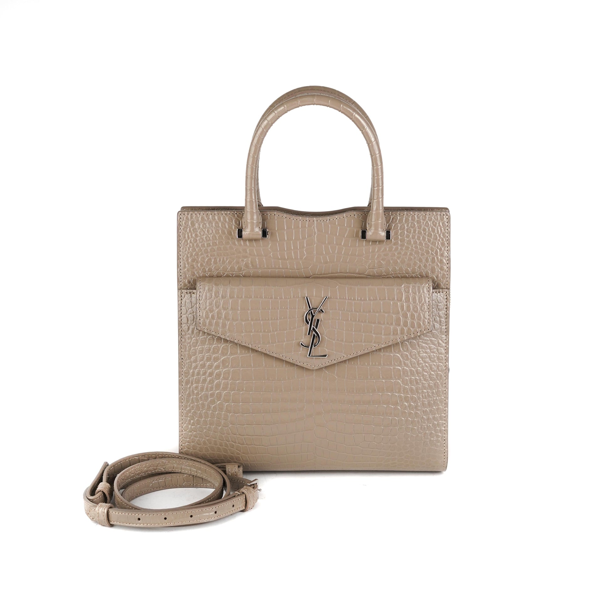 YSL Saint Laurent Uptown Croc Tote Taupe Leather Small Tote Bag