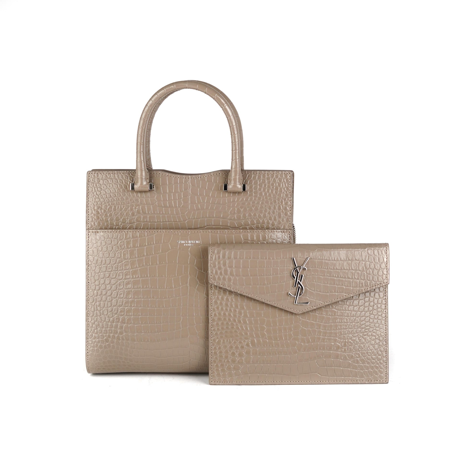 YSL Saint Laurent Uptown Croc Tote Taupe Leather Small Tote Bag