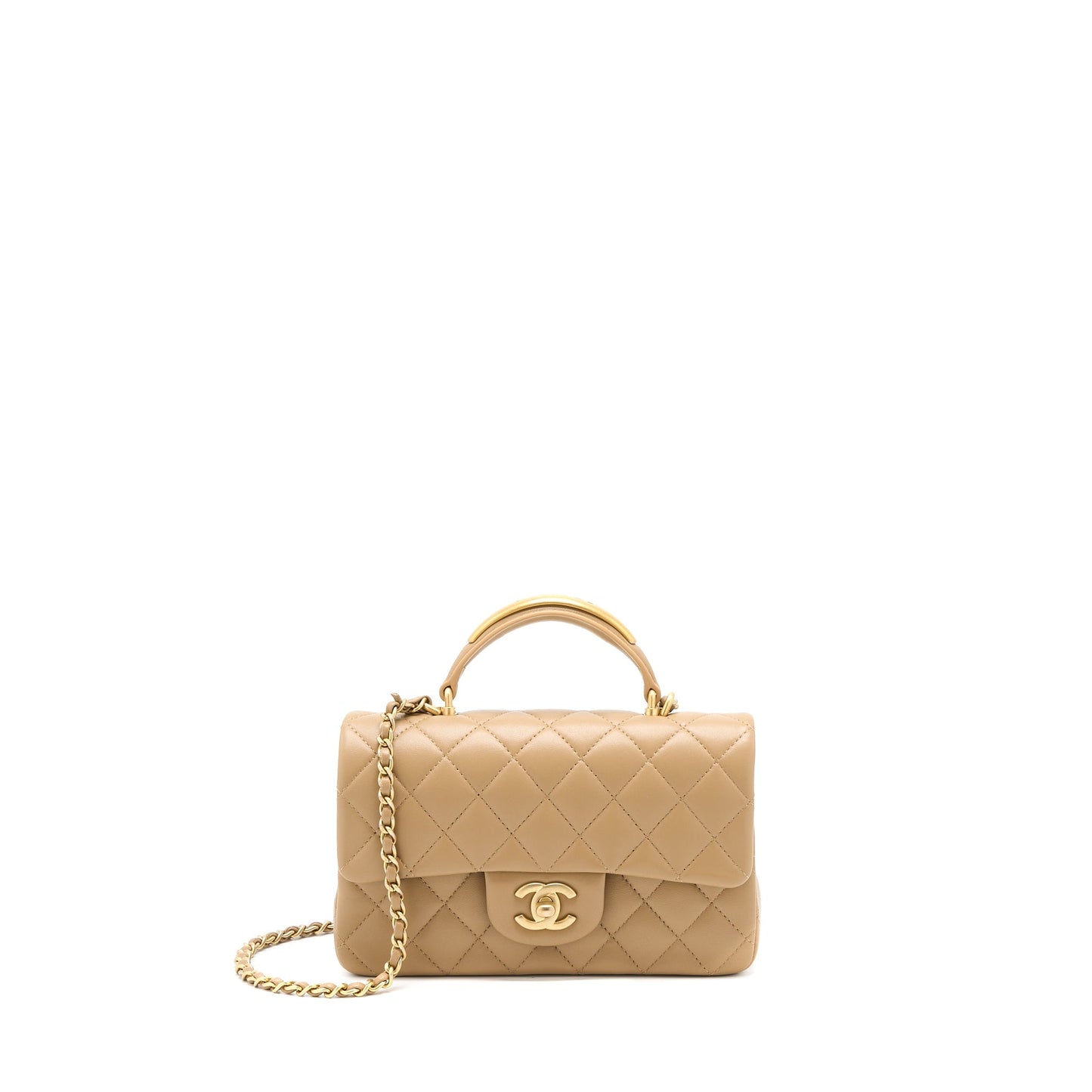 Chanel 22B Detail Top Handle Rectangular Lambskin Beige Mini Bag