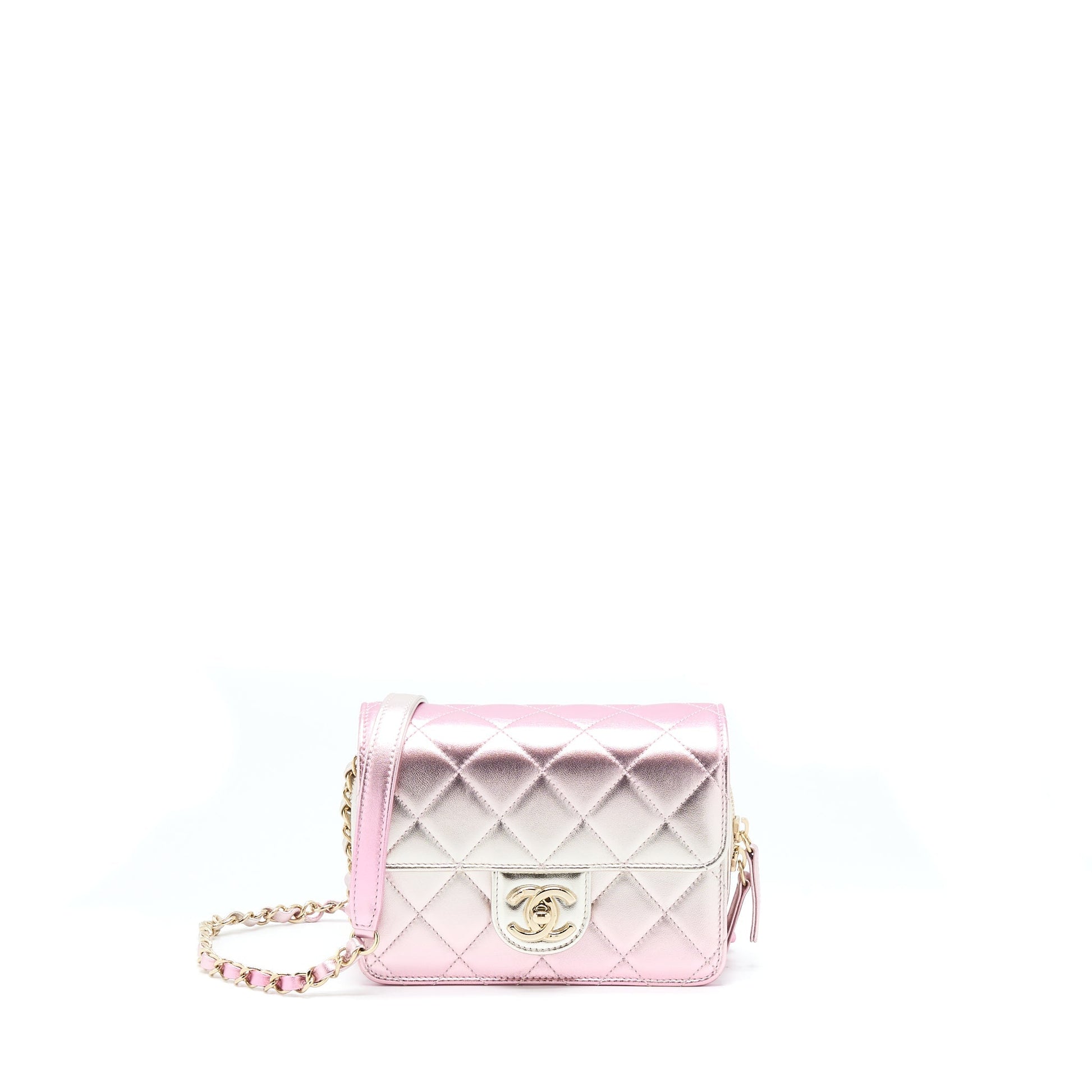 Chanel 21P Flap Lambskin Iridescent LGHW Microchip Pink Crossbody Bag