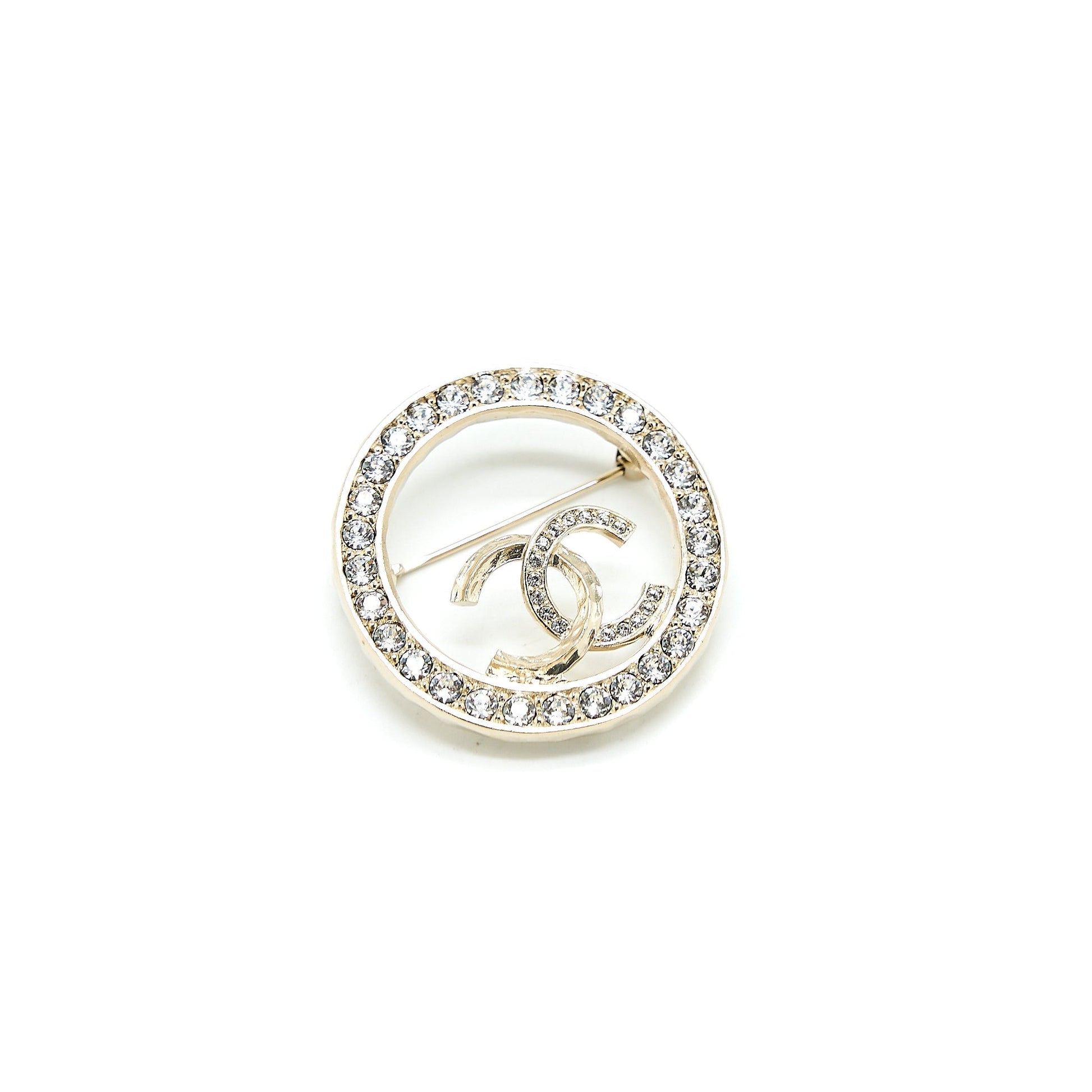 Chanel Round CC Logo Brooch Crystal Light Gold Handbag