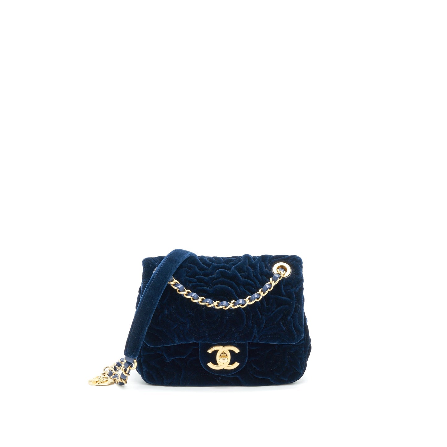 Chanel Velvet Camellia Embossed Square Flap Navy Shoulder Bag