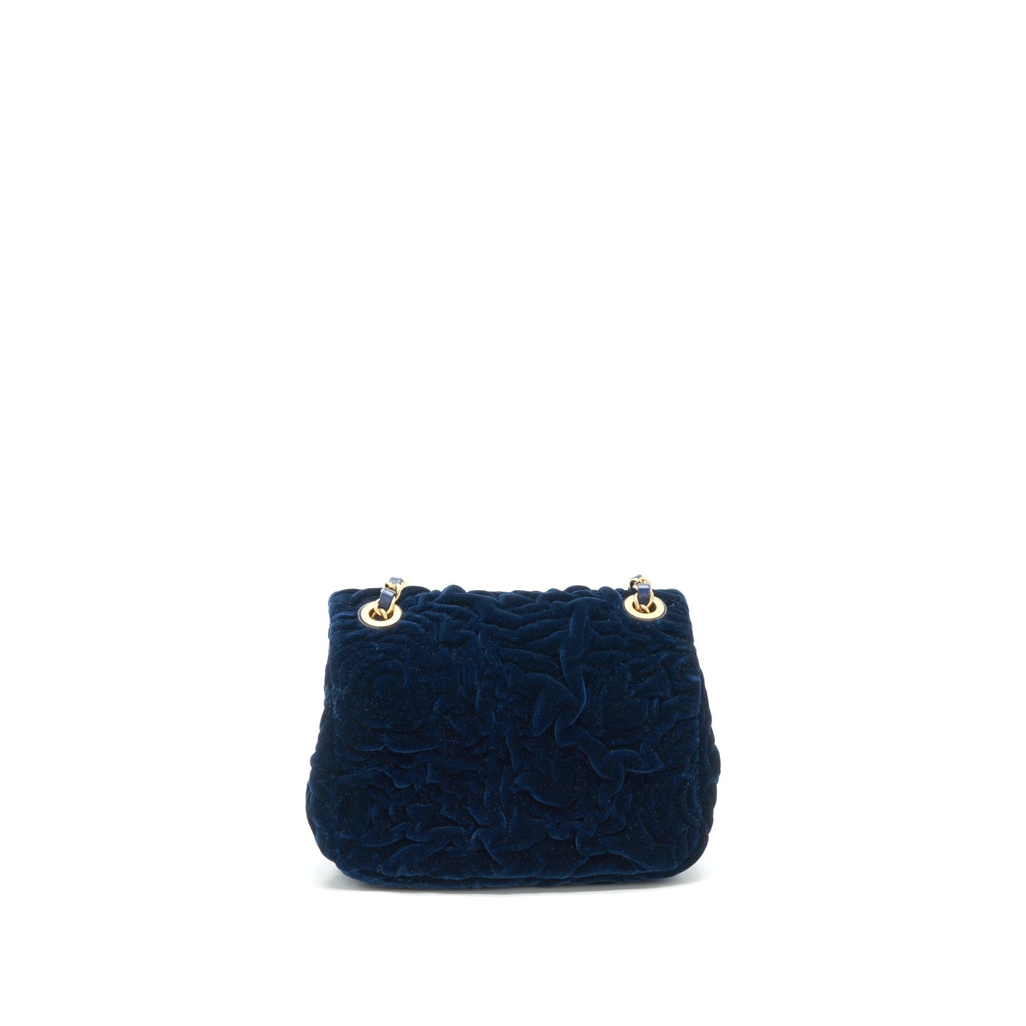 Chanel Velvet Camellia Embossed Square Flap Navy Shoulder Bag