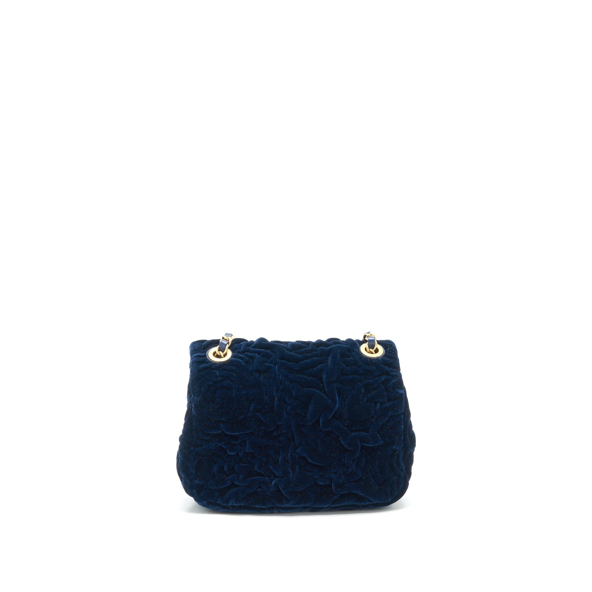 Chanel Velvet Camellia Embossed Square Flap Navy Shoulder Bag