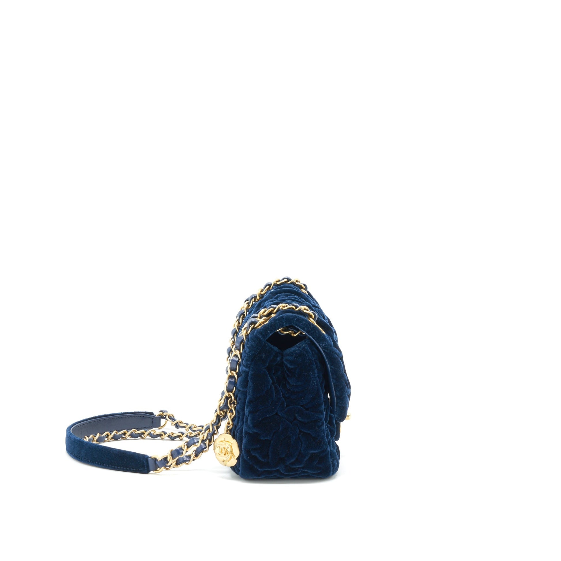 Chanel Velvet Camellia Embossed Square Flap Navy Shoulder Bag