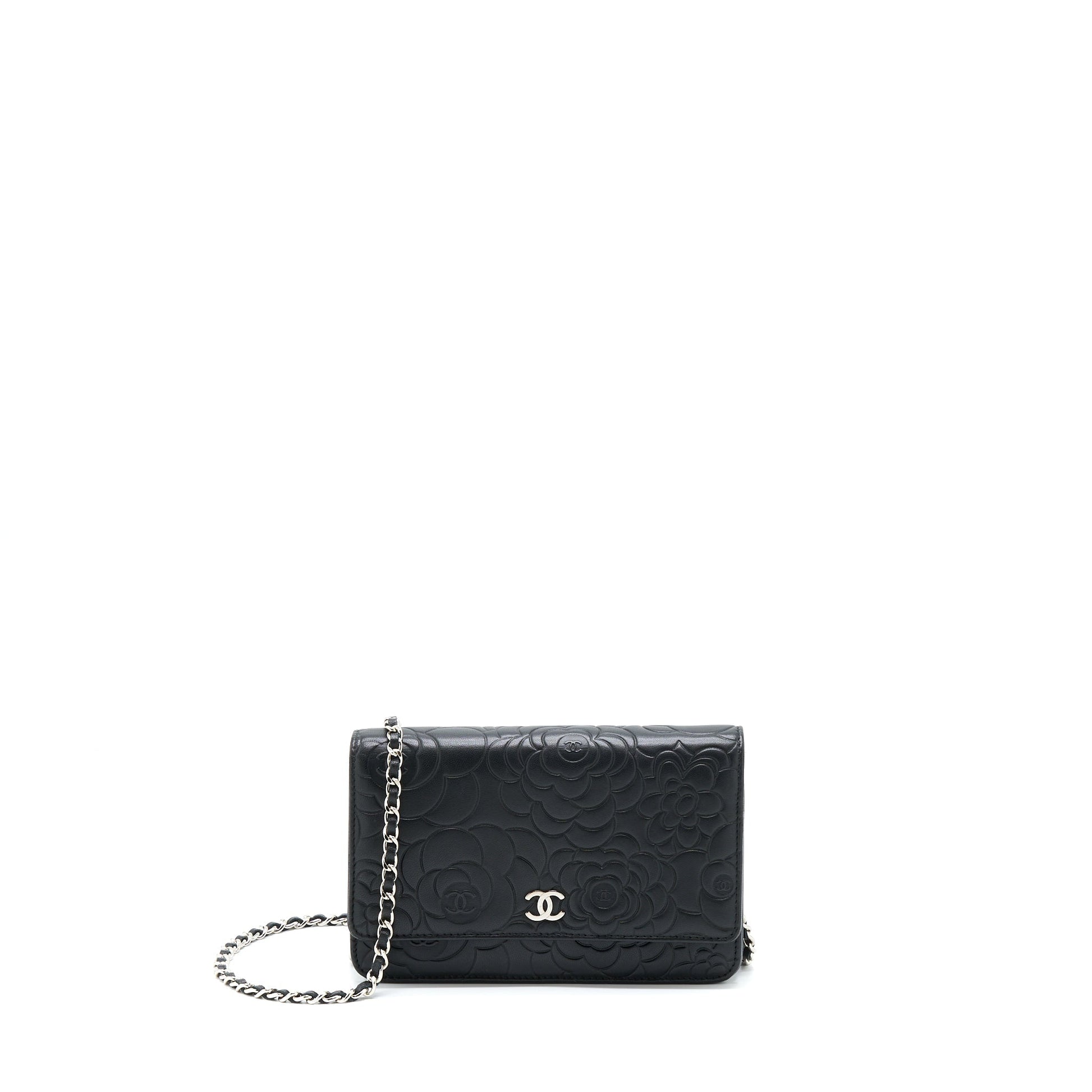 Chanel Camellia On Lambskin SHW Black Wallet Case