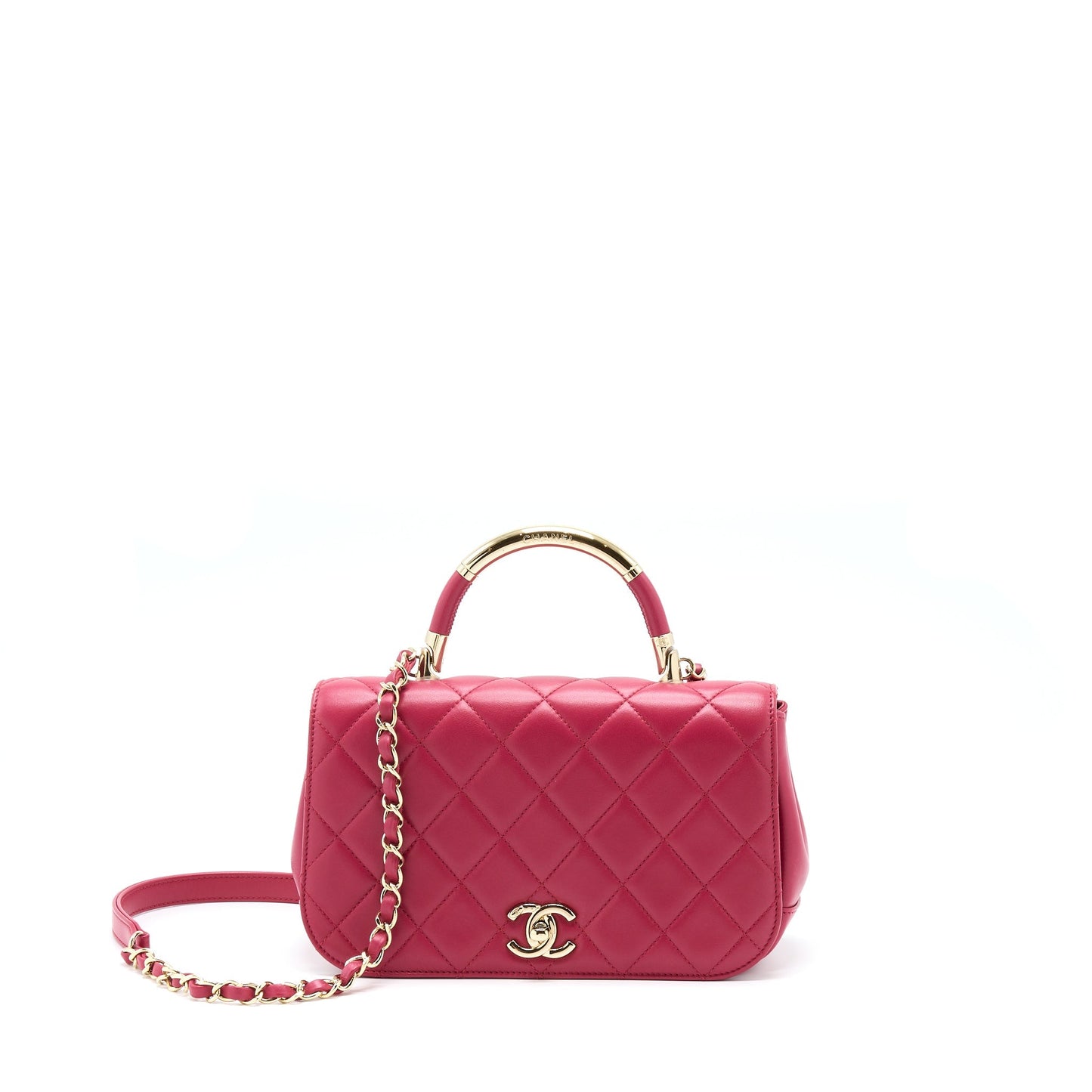 Chanel Top Handle Flap Lambskin GHW Pink Crossbody Bag