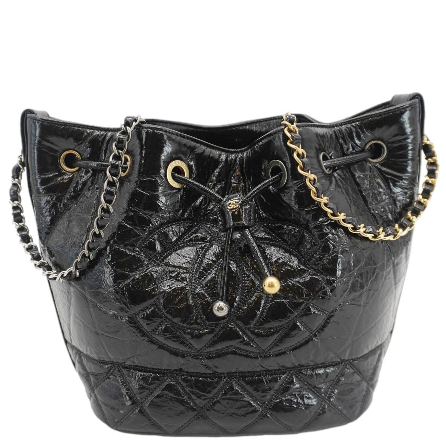 Chanel CC Drawstring Shiny Aged Calfskin Chain Shoulder Bag Black
