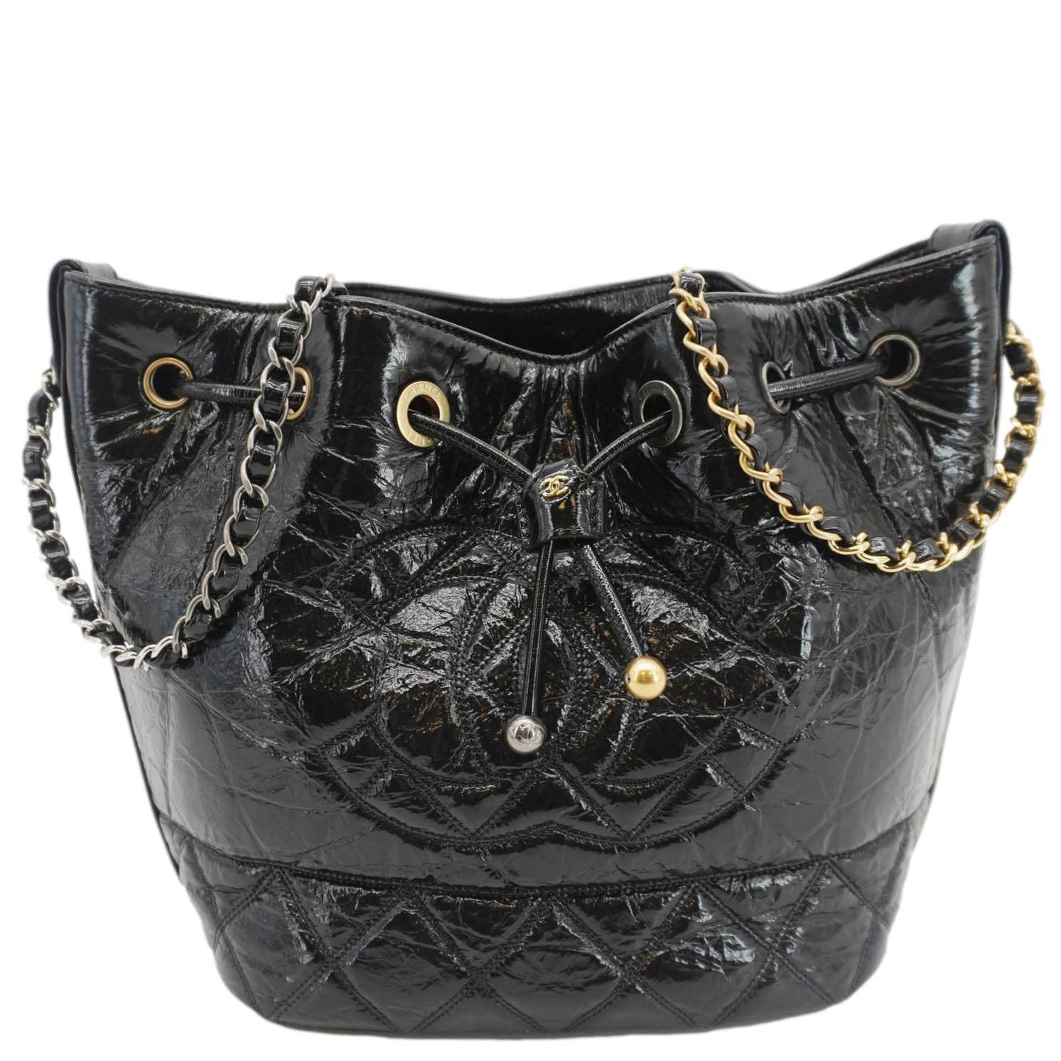 Chanel CC Drawstring Shiny Aged Calfskin Chain Shoulder Bag Black