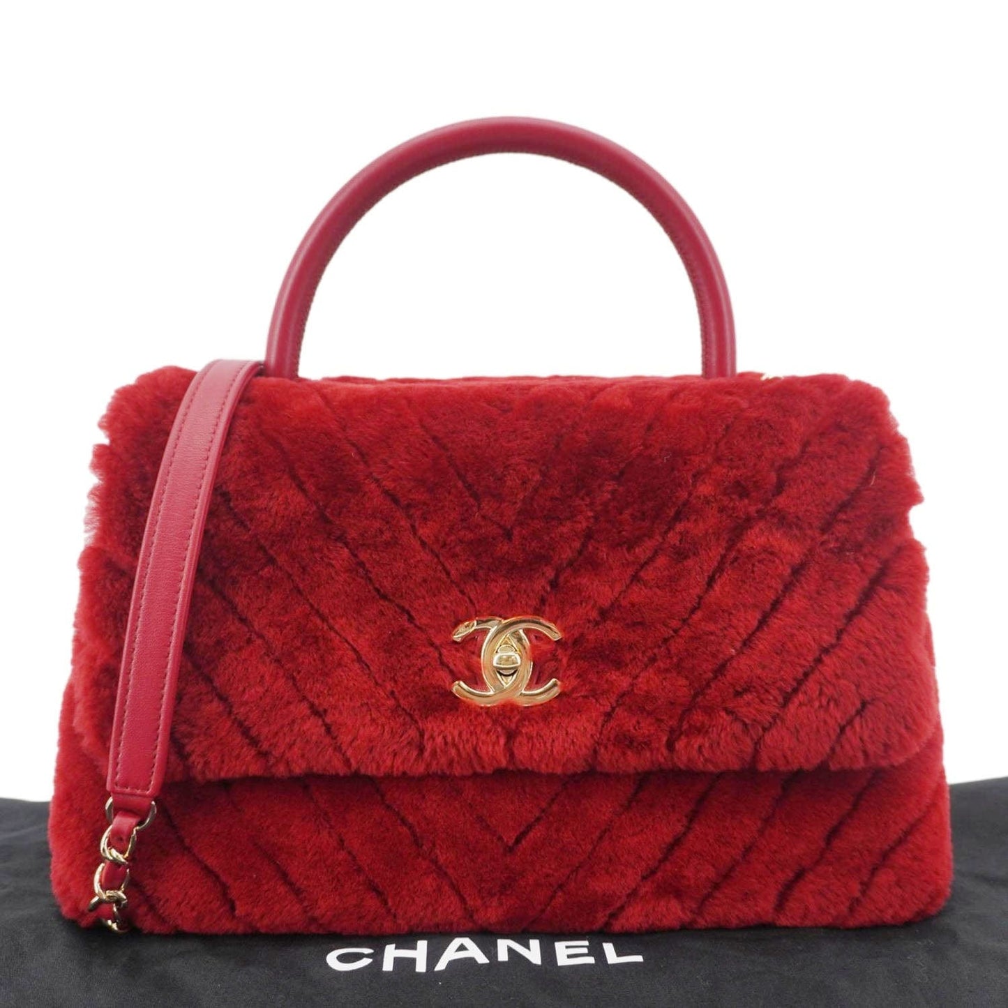 Chanel Coco Handle Flap Shearling Chevron Red Travel Bag