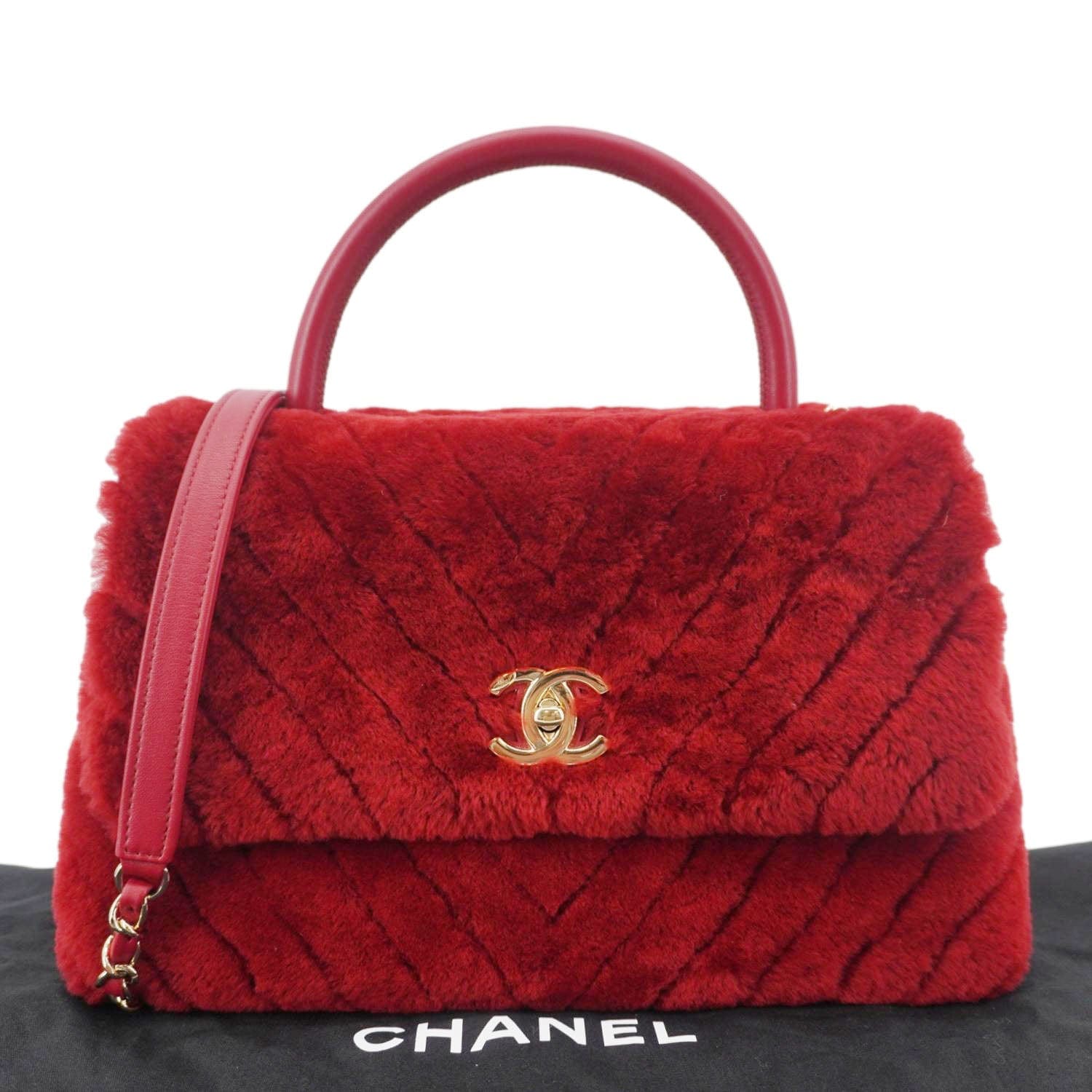 Chanel Coco Handle Flap Shearling Chevron Red Travel Bag