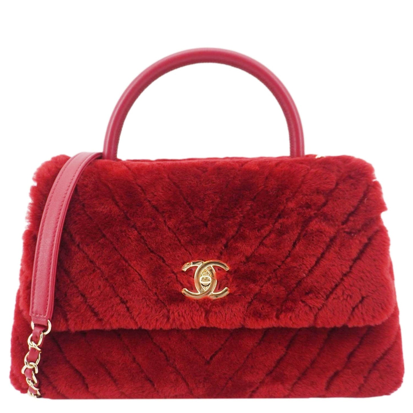 Chanel Coco Handle Flap Shearling Chevron Red Travel Bag
