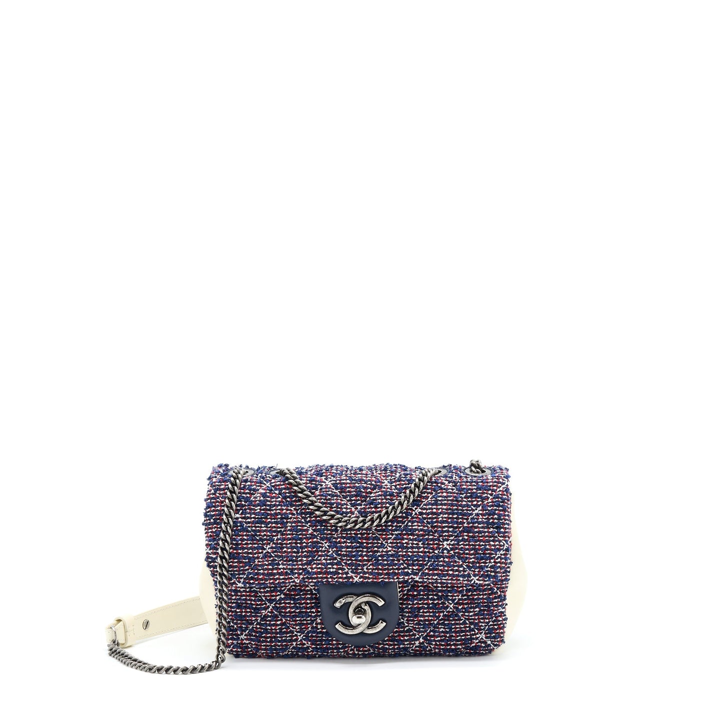 Chanel Seasonal Rectangular Flap Tweed Ruthenium Hardware White Blue Red Shoulder Bag