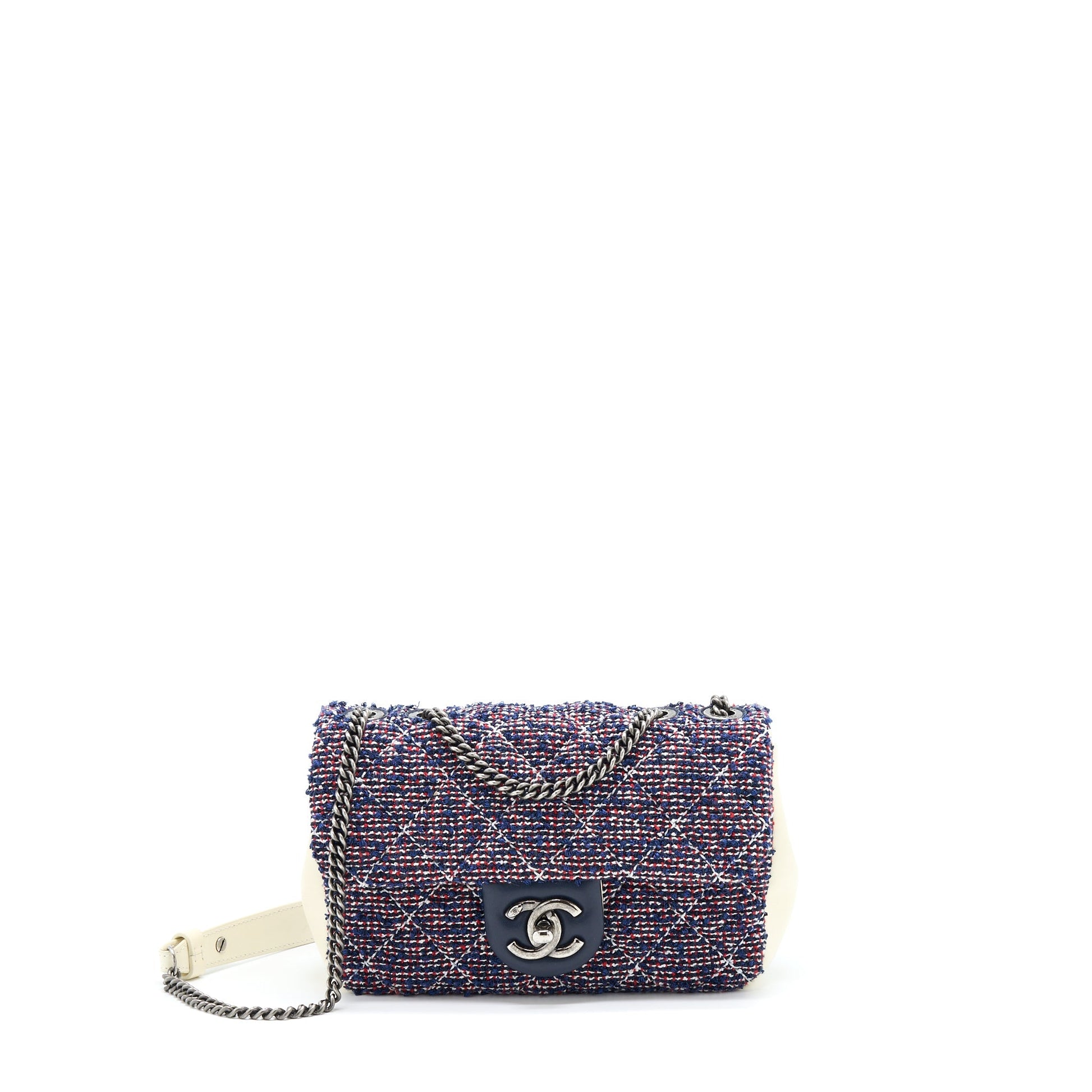 Chanel Seasonal Rectangular Flap Tweed Ruthenium Hardware White Blue Red Shoulder Bag