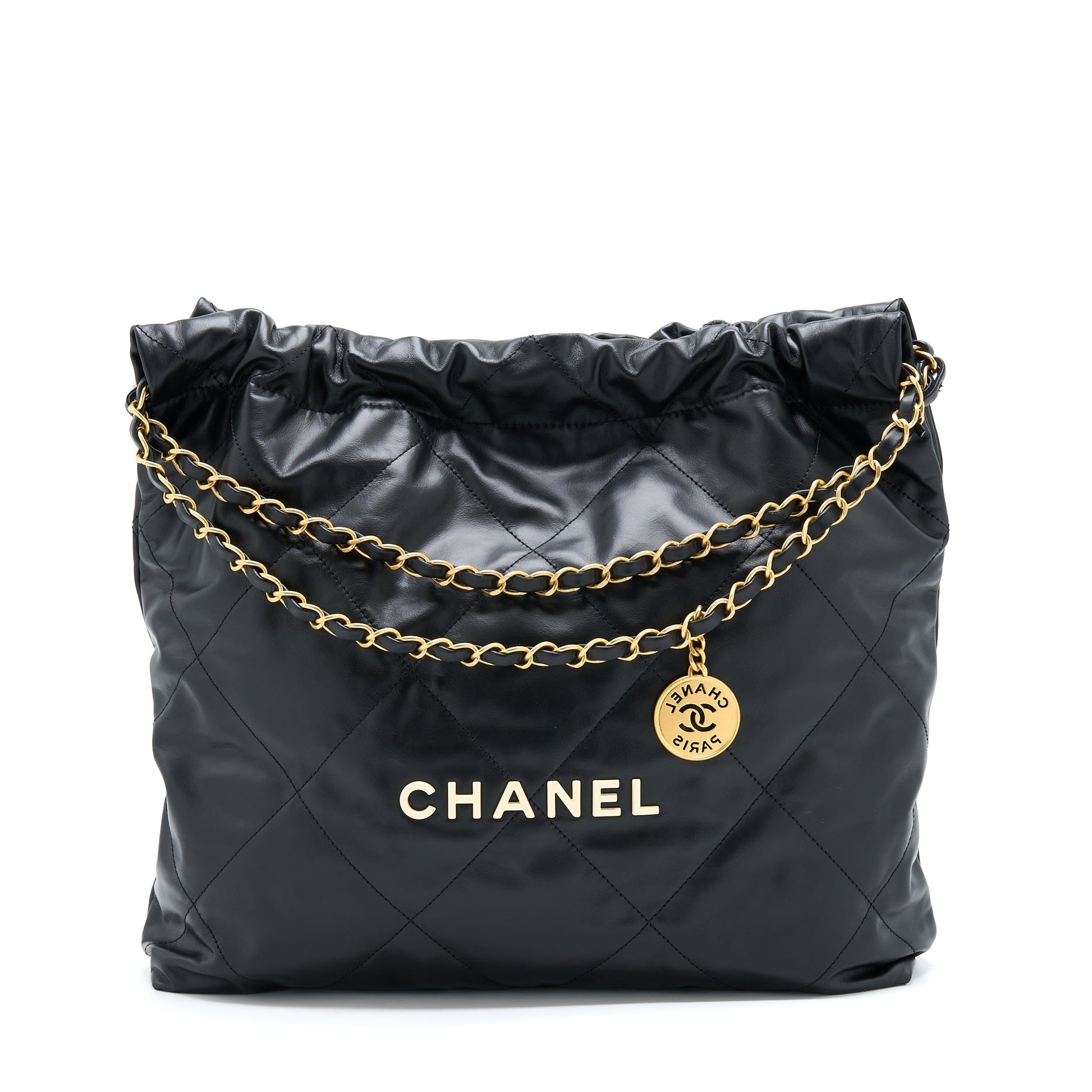 Chanel 22 Shiny Calfskin GHW Microchip Black Handbag Ghw Microchip