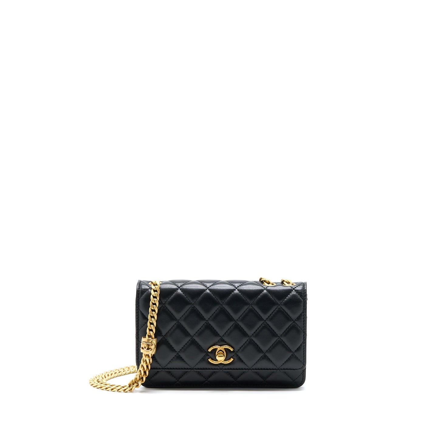 Chanel 22K Pillar On Lambskin GHW Black Gold Wallet Case