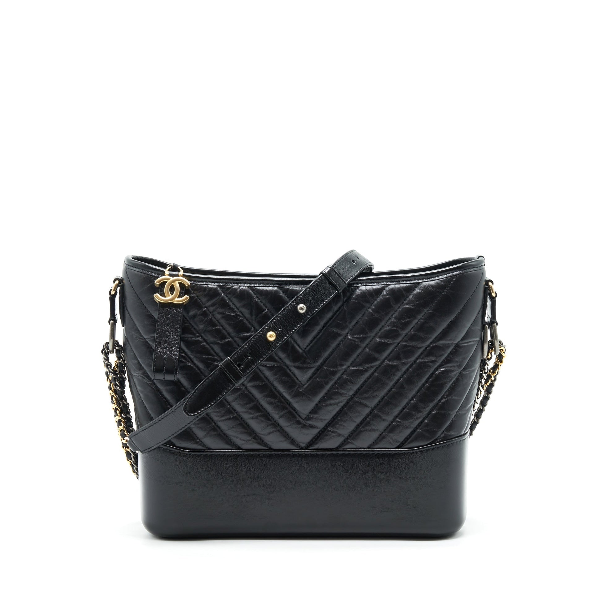 Chanel Gabrielle Hobo Chevron Calfskin Sliver Hardware Black Gold Shoulder Bag