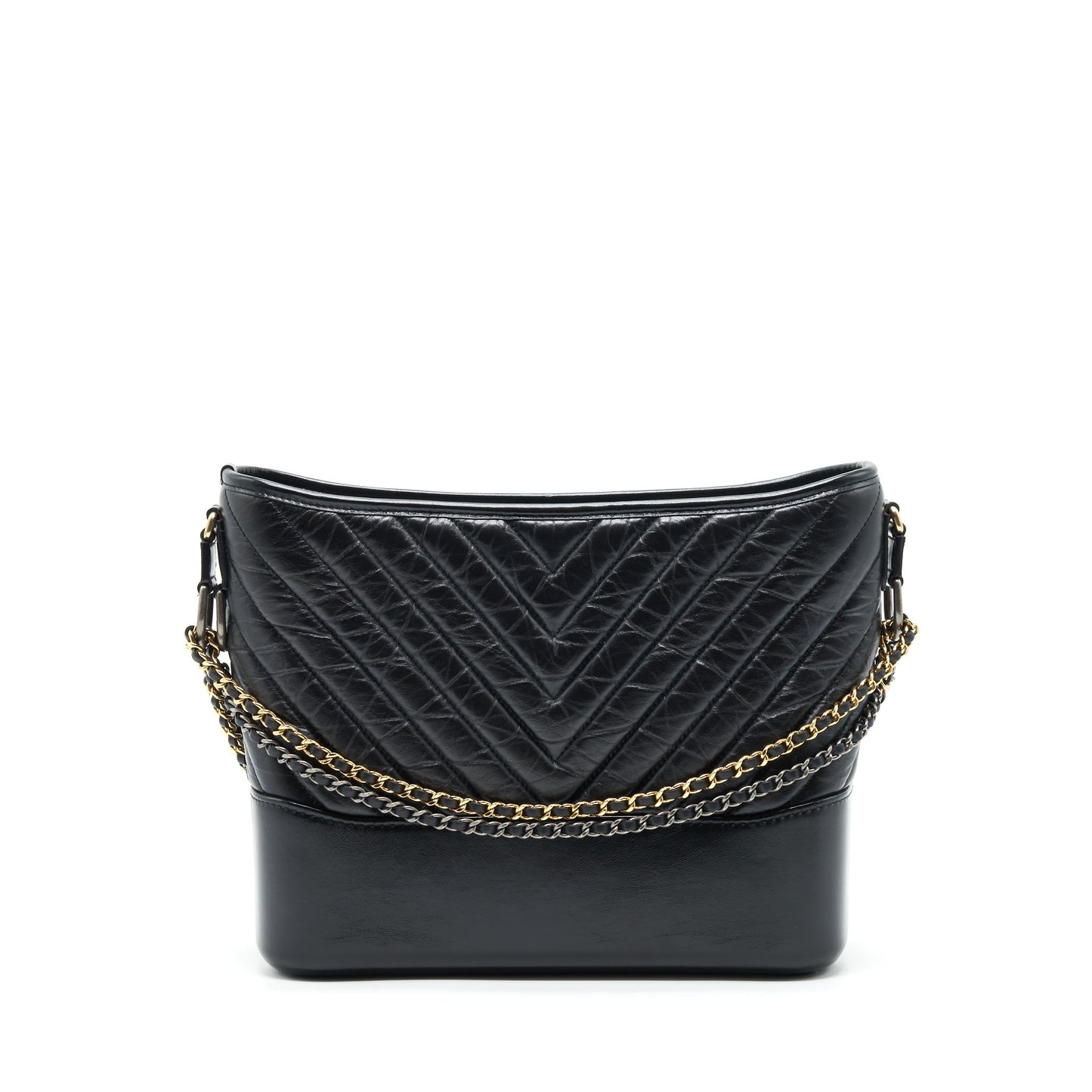 Chanel Gabrielle Hobo Chevron Calfskin Sliver Hardware Black Gold Shoulder Bag