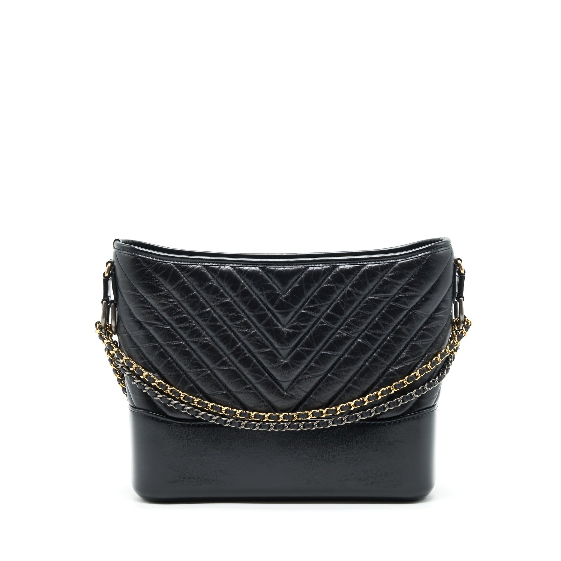 Chanel Gabrielle Hobo Chevron Calfskin Sliver Hardware Black Gold Shoulder Bag