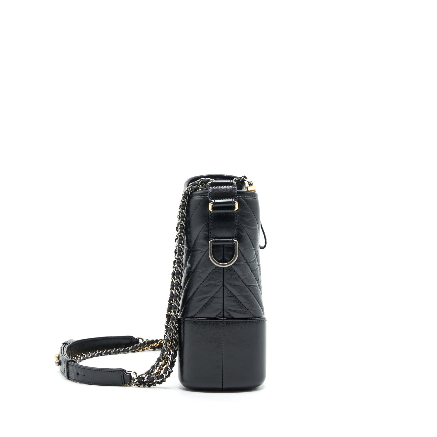 Chanel Gabrielle Hobo Chevron Calfskin Sliver Hardware Black Gold Shoulder Bag