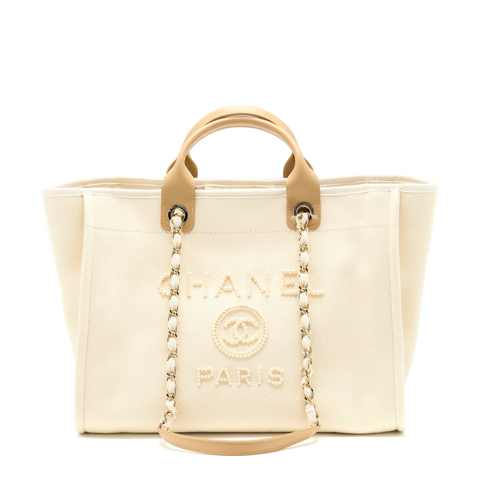 Chanel Deauville Pearl GHW Canvas Tote Bag