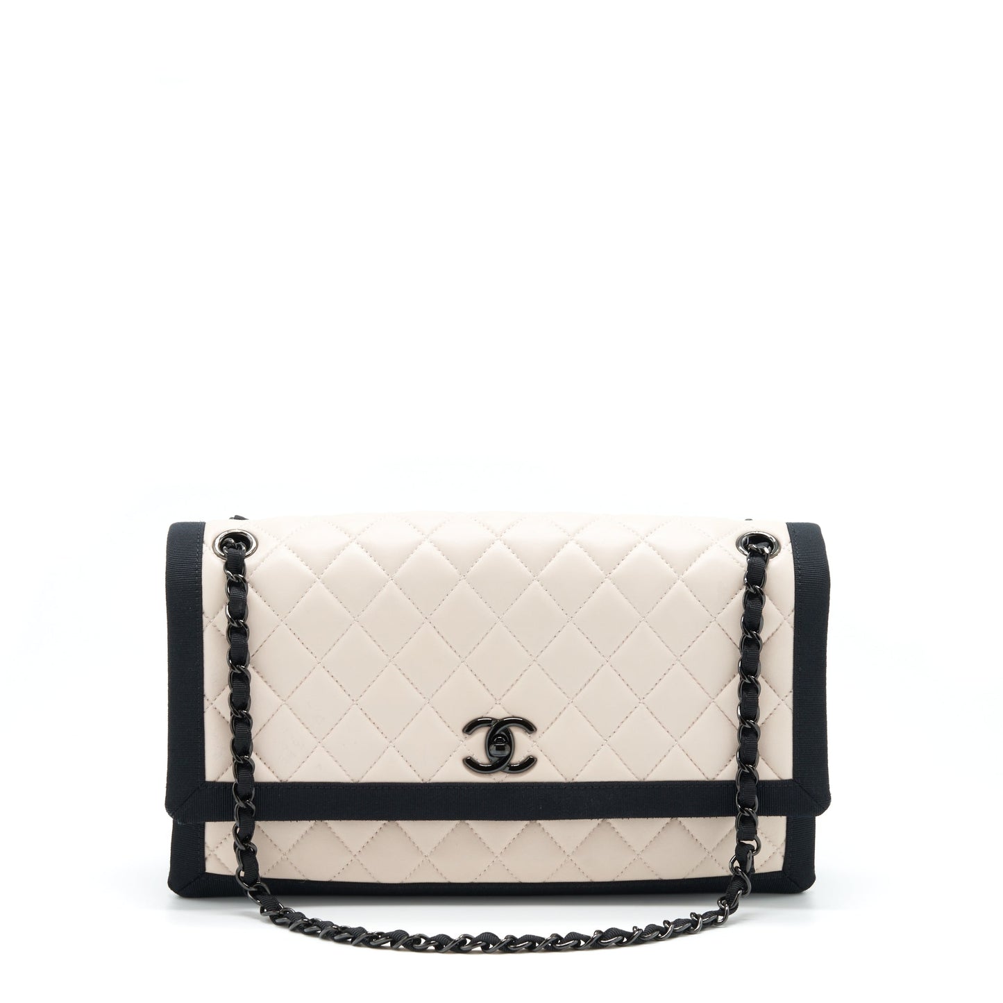 Chanel Seasonal Flap Lambskin Light Hardware Black Beige Shoulder Bag