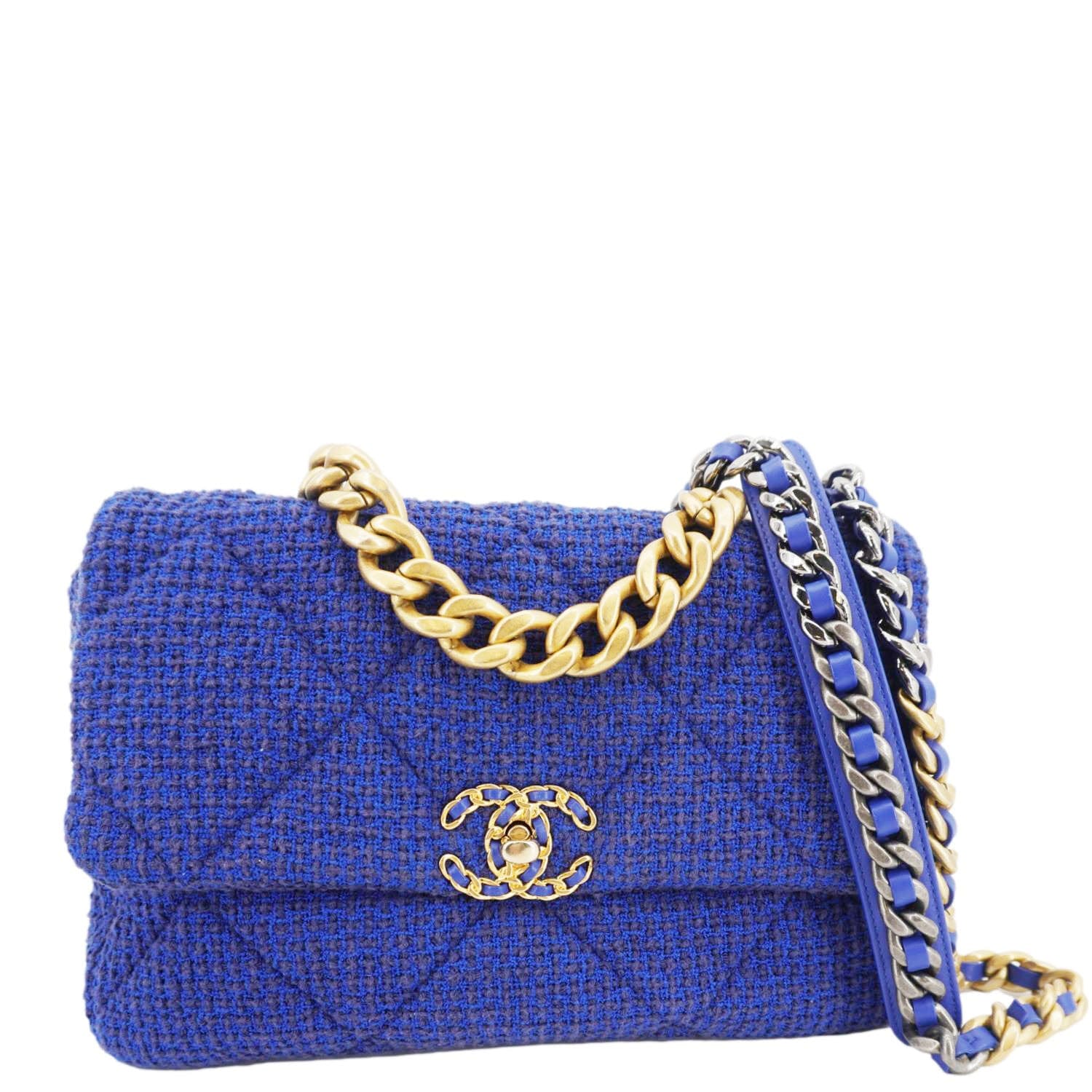 Chanel 19 Flap Quilted Tweed Blue Travel Bag Bag Blue
