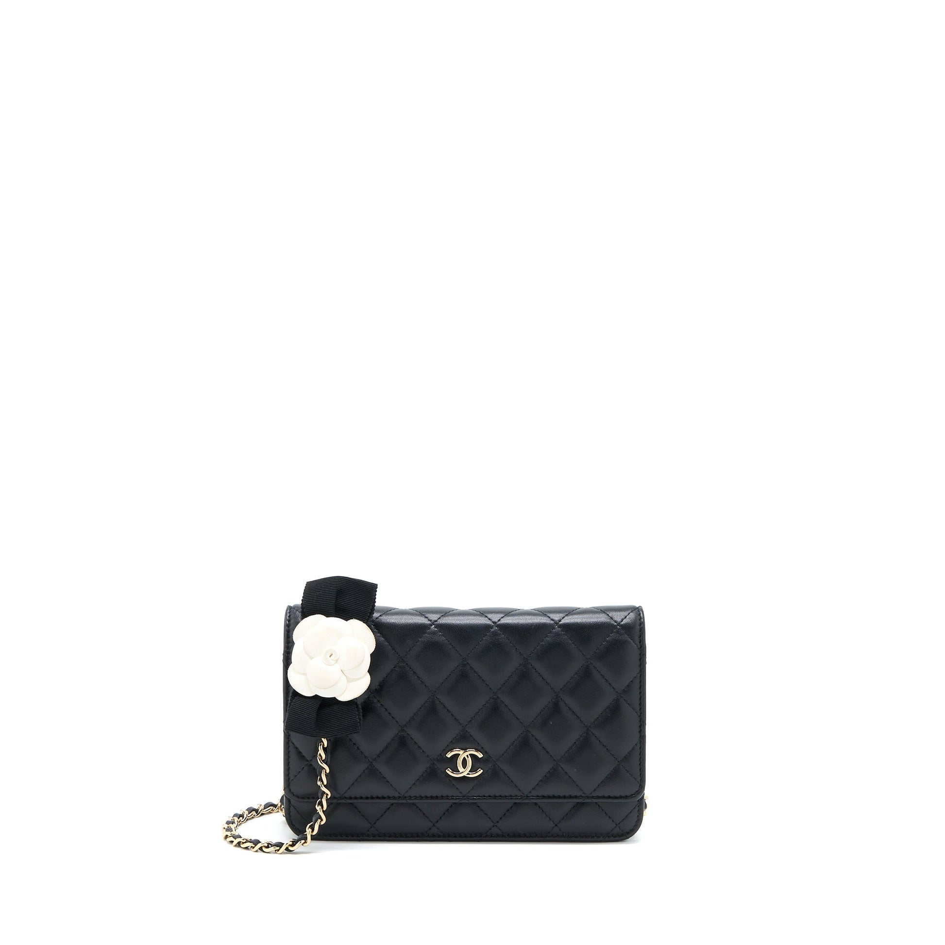 Chanel Quilted on Camellia Lambskin LGHW Black Wallet Case