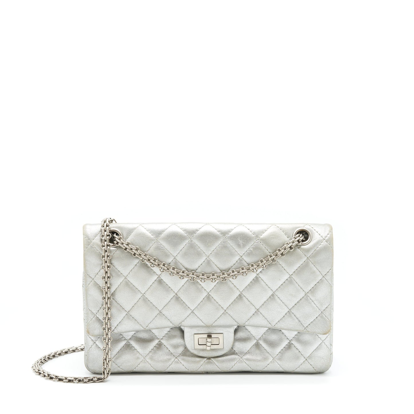 Chanel Reissue 2.55 226 Double Flap Lambskin Silver Shoulder Bag