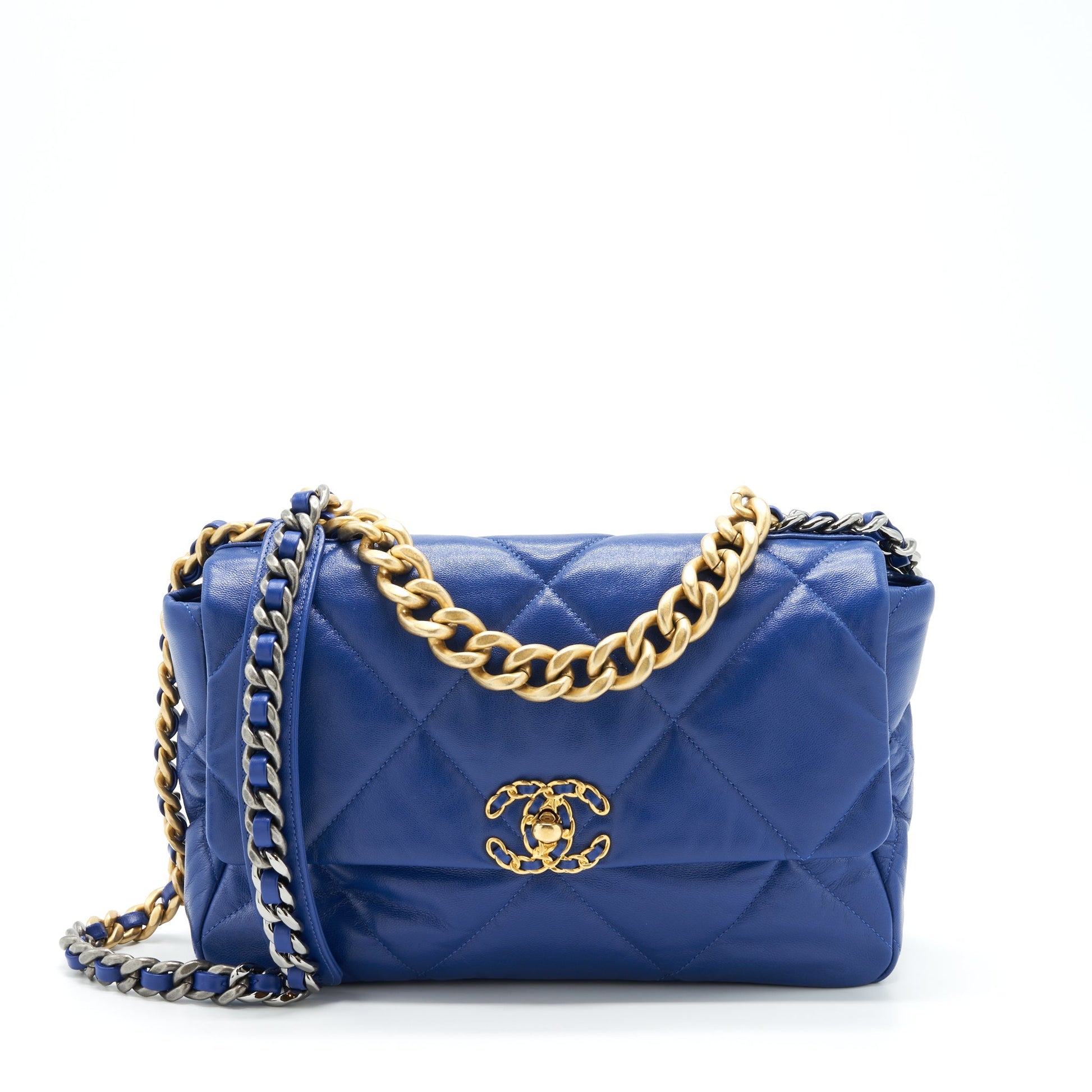 Chanel 19 Goatskin Hardware Blue Gold Silver Handbag