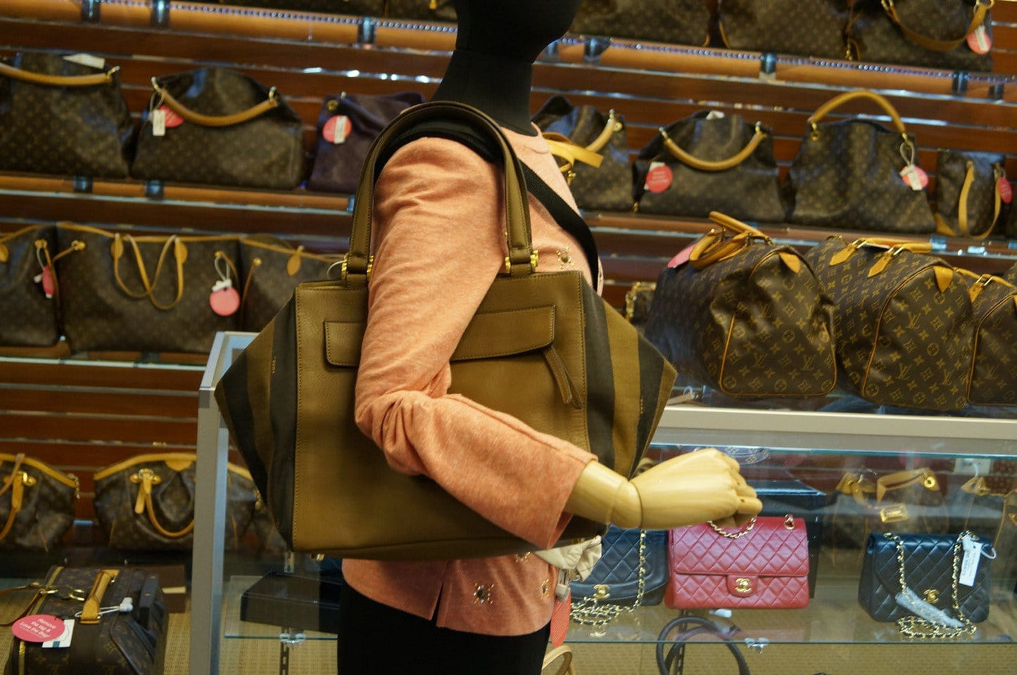 Fendi Pecan Shoulder Bag Leather Canvas Black