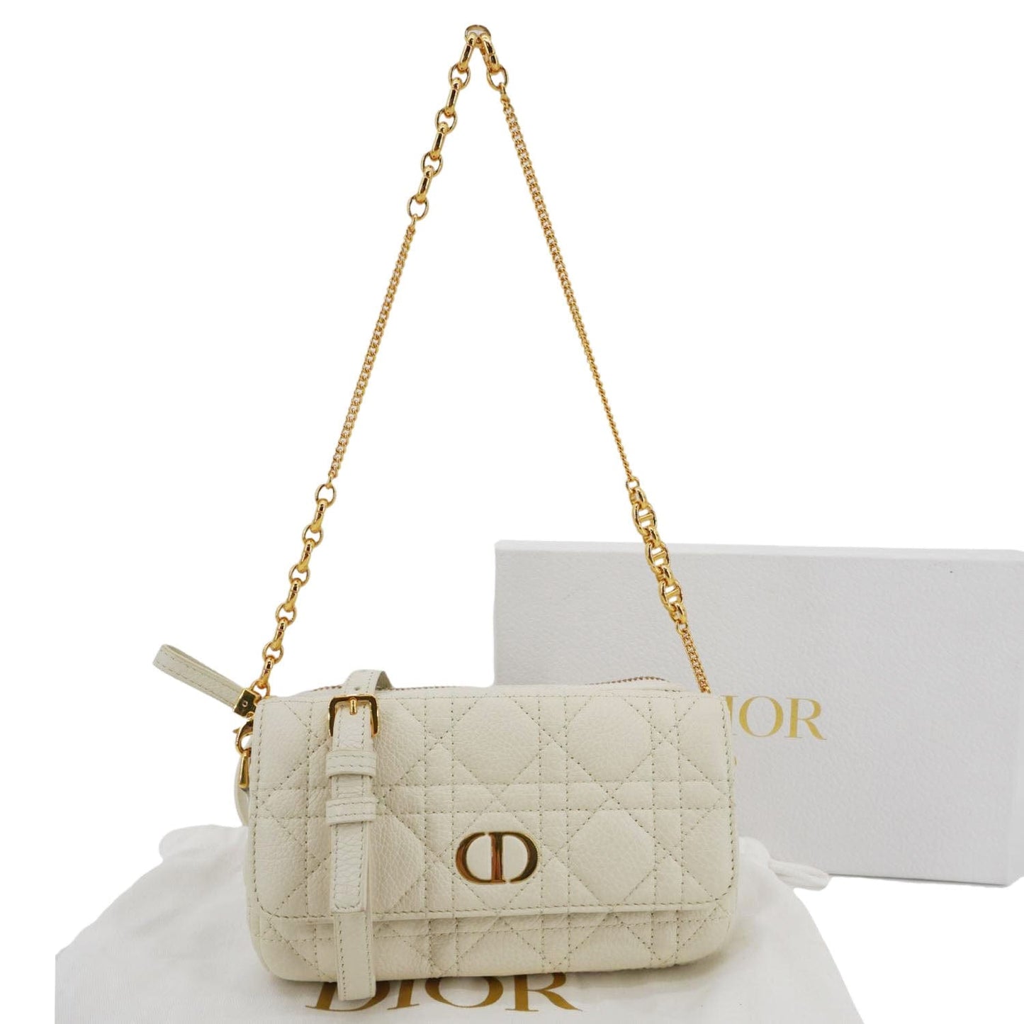 Dior Caro Supple Cannage Calfskin Shoulder Bag Ivory Leather Chain