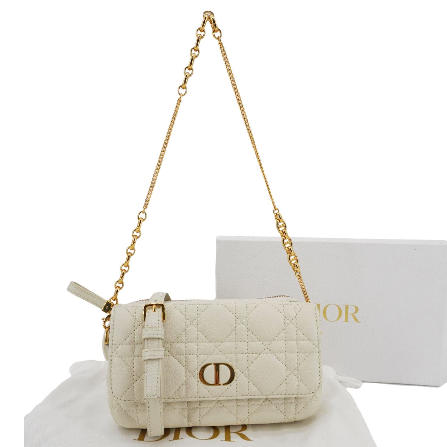 Dior Caro Supple Cannage Calfskin Shoulder Bag Ivory Leather Chain