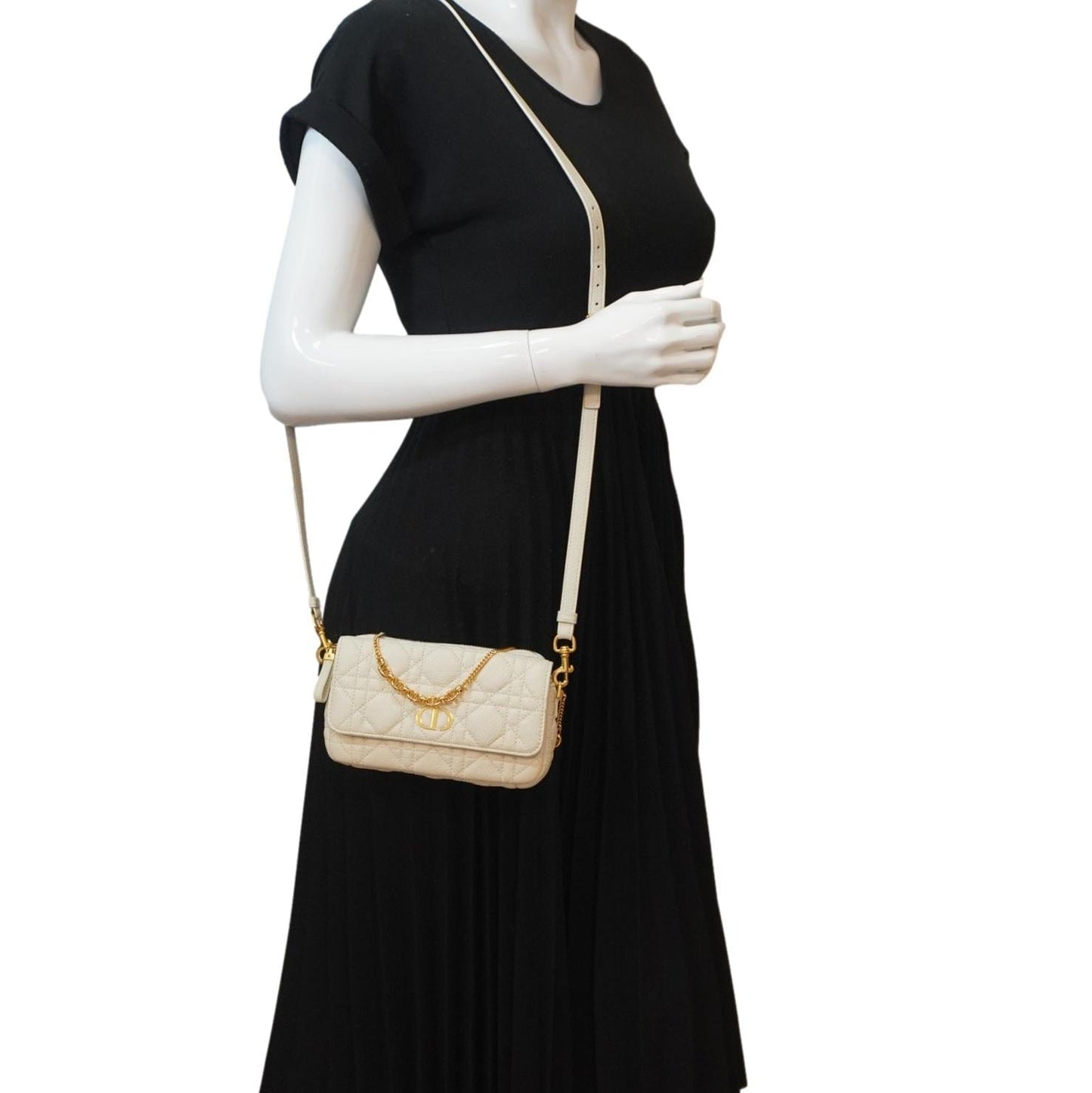 Dior Caro Supple Cannage Calfskin Shoulder Bag Ivory Leather Chain