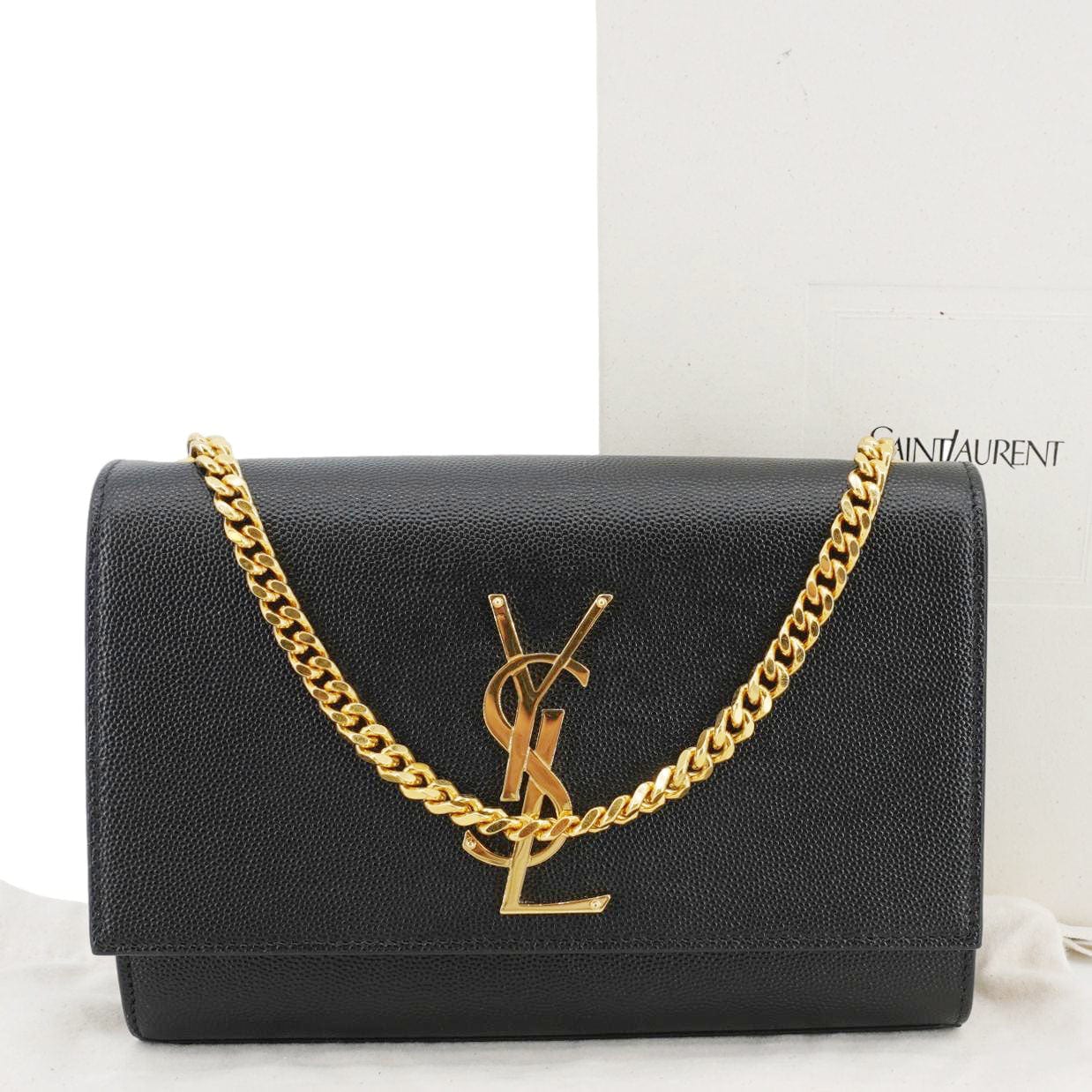 YSL Saint Laurent Yves Kate Grain De Poudre Crossbody Bag Leather Black Chain