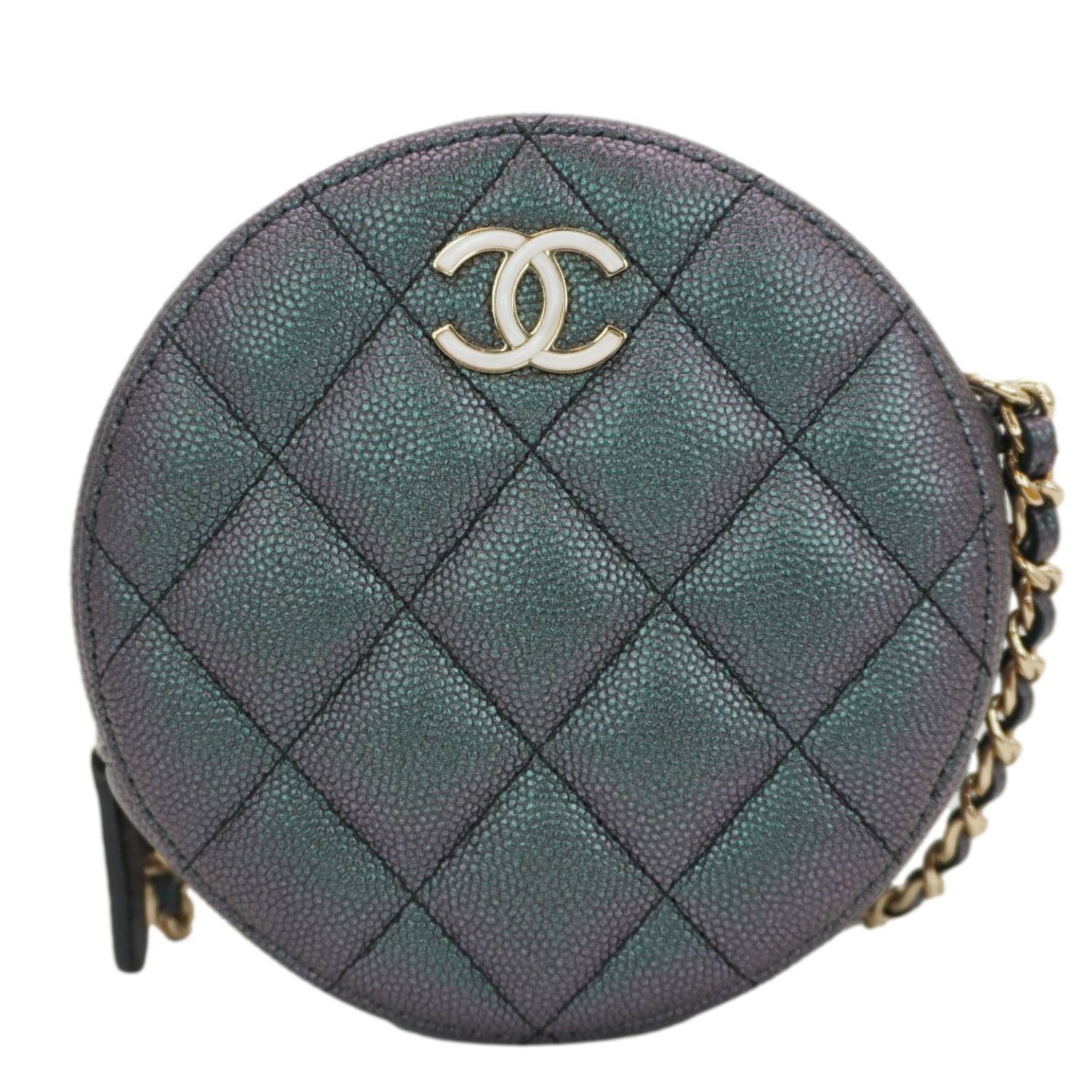 Chanel Round Quilted Iridescent Caviar Leather Clutch Crossbody Bag Green