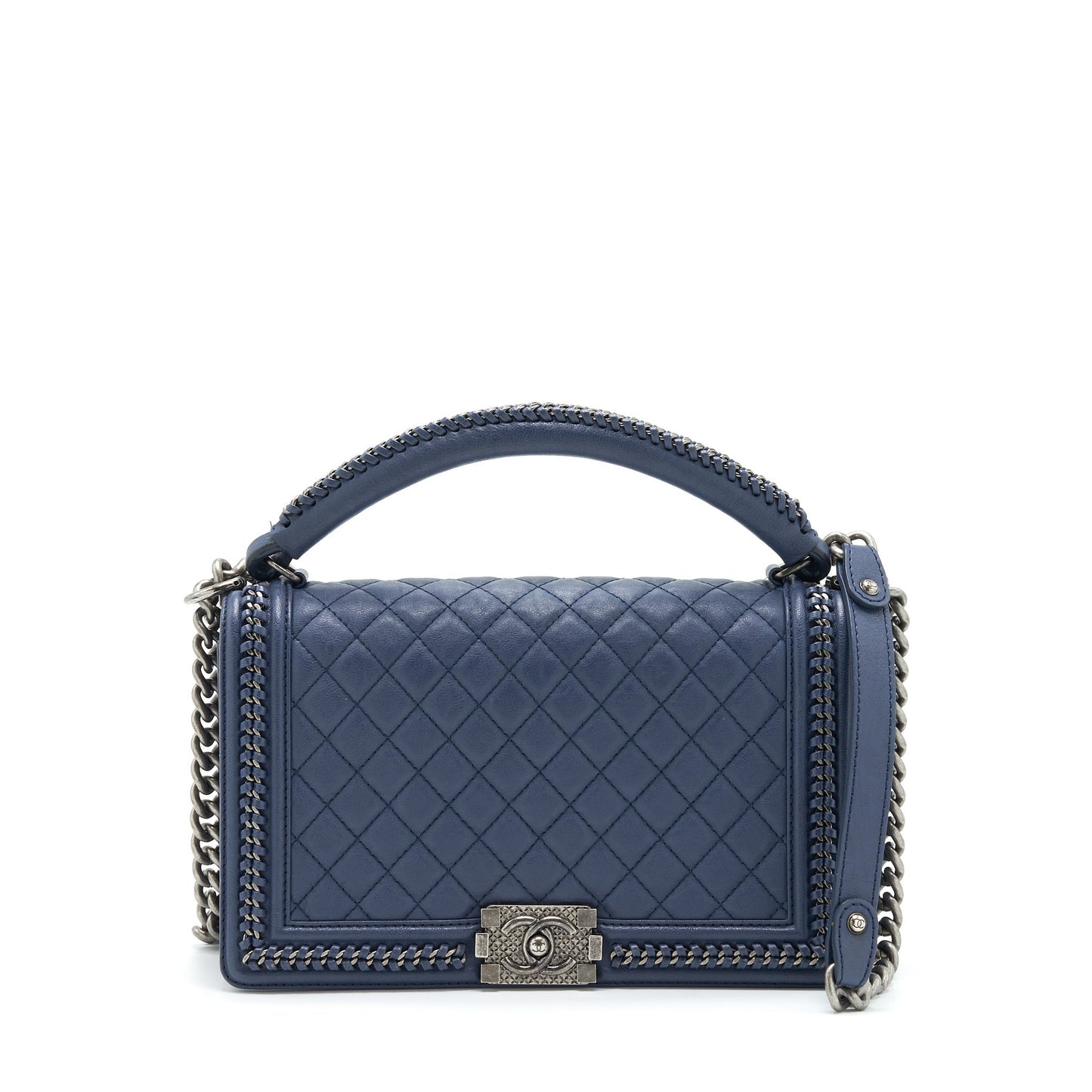 Chanel Boy Top Handle Navy Ruthenium Sliver Handbag