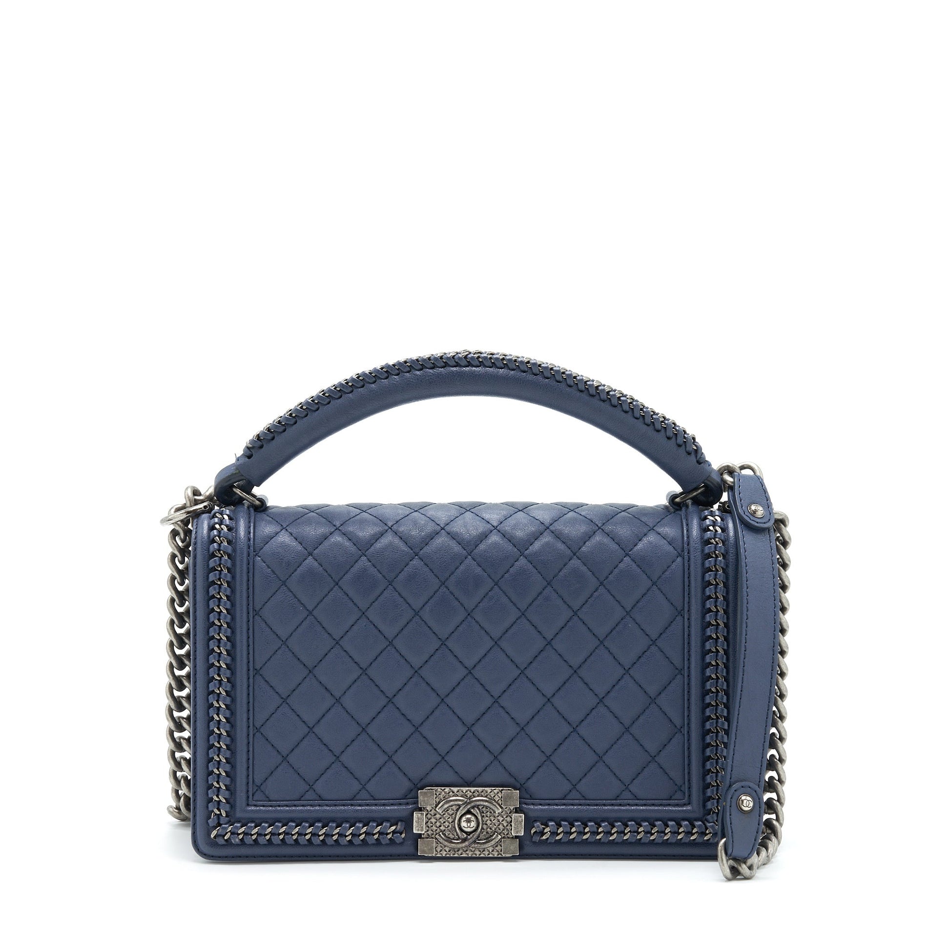 Chanel Boy Top Handle Navy Ruthenium Sliver Handbag