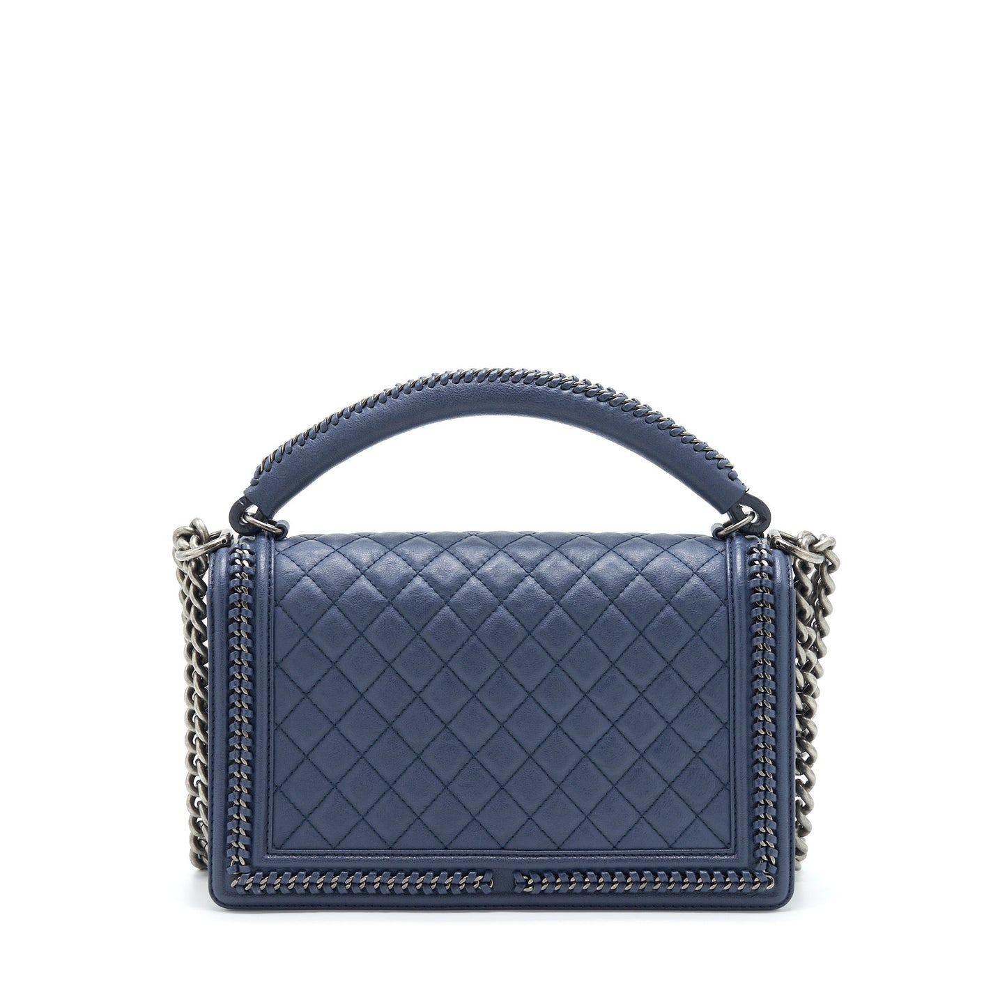 Chanel Boy Top Handle Navy Ruthenium Sliver Handbag