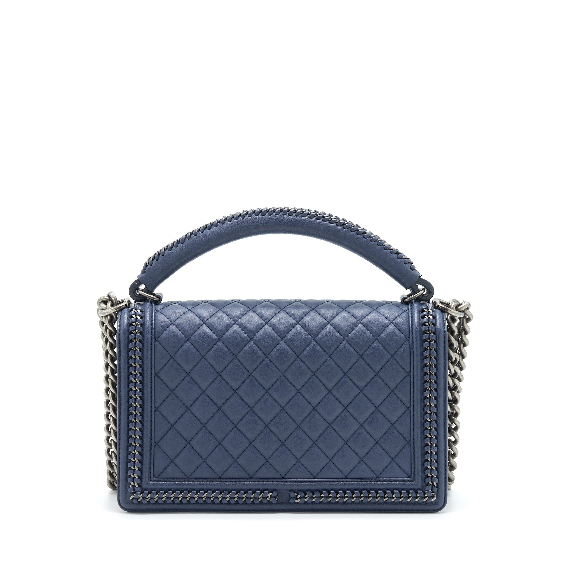 Chanel Boy Top Handle Navy Ruthenium Sliver Handbag